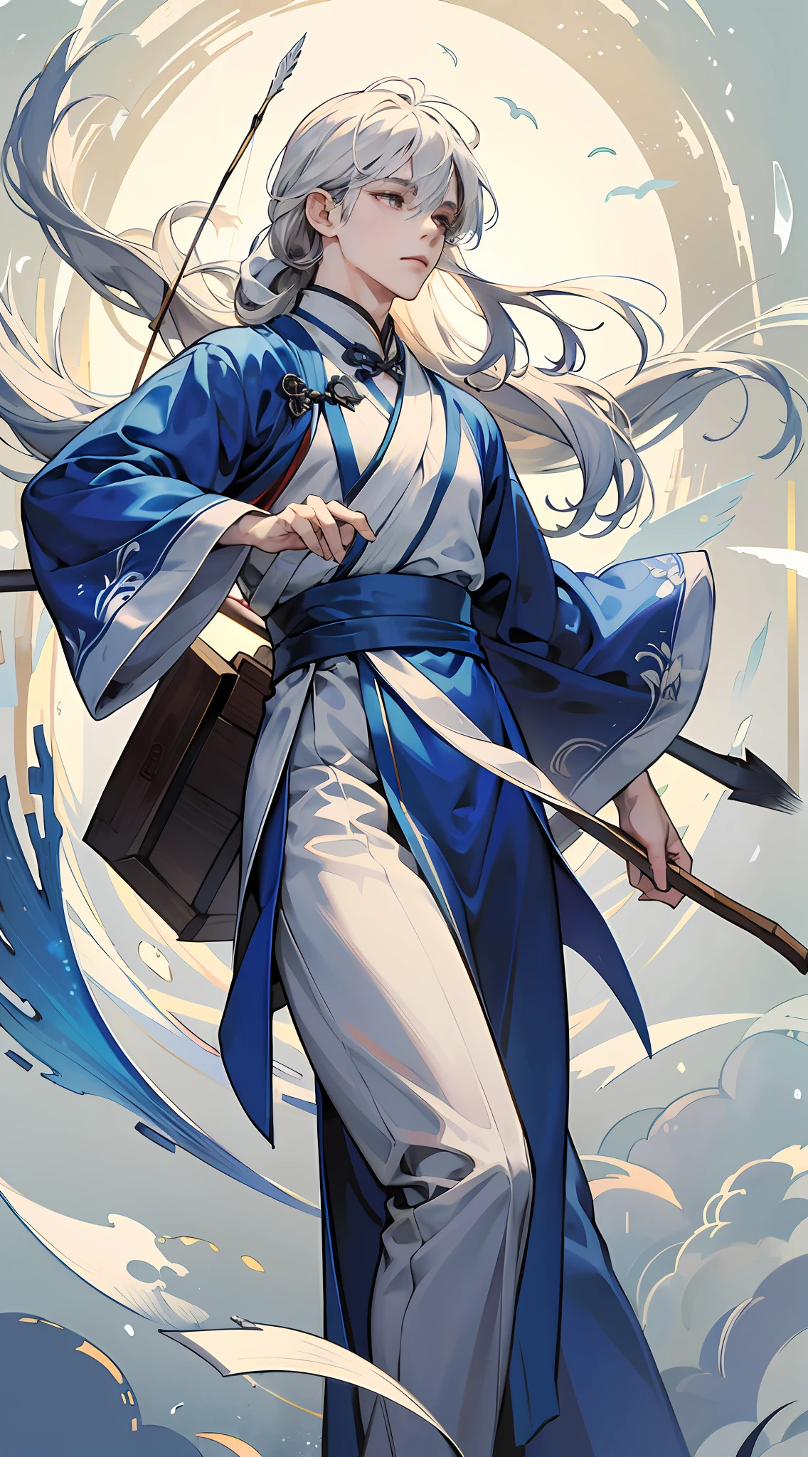 "Craft an exquisitely detailed and delicate celluloid masterpiece with the highest quality in a subdued and somber environment utilizing Stable Diffusion technology,(best illumination, peaceful atmosphere), (Celluloid style), (full-length),(graceful handsome young Chinese boy:1.2) with (white hair) and (long hair), male, carrying a (wooden hunting bow and an arrow), wearing (blue and white cross-necked Hanfu), breezy, subtle elegance, unhurried pace"
