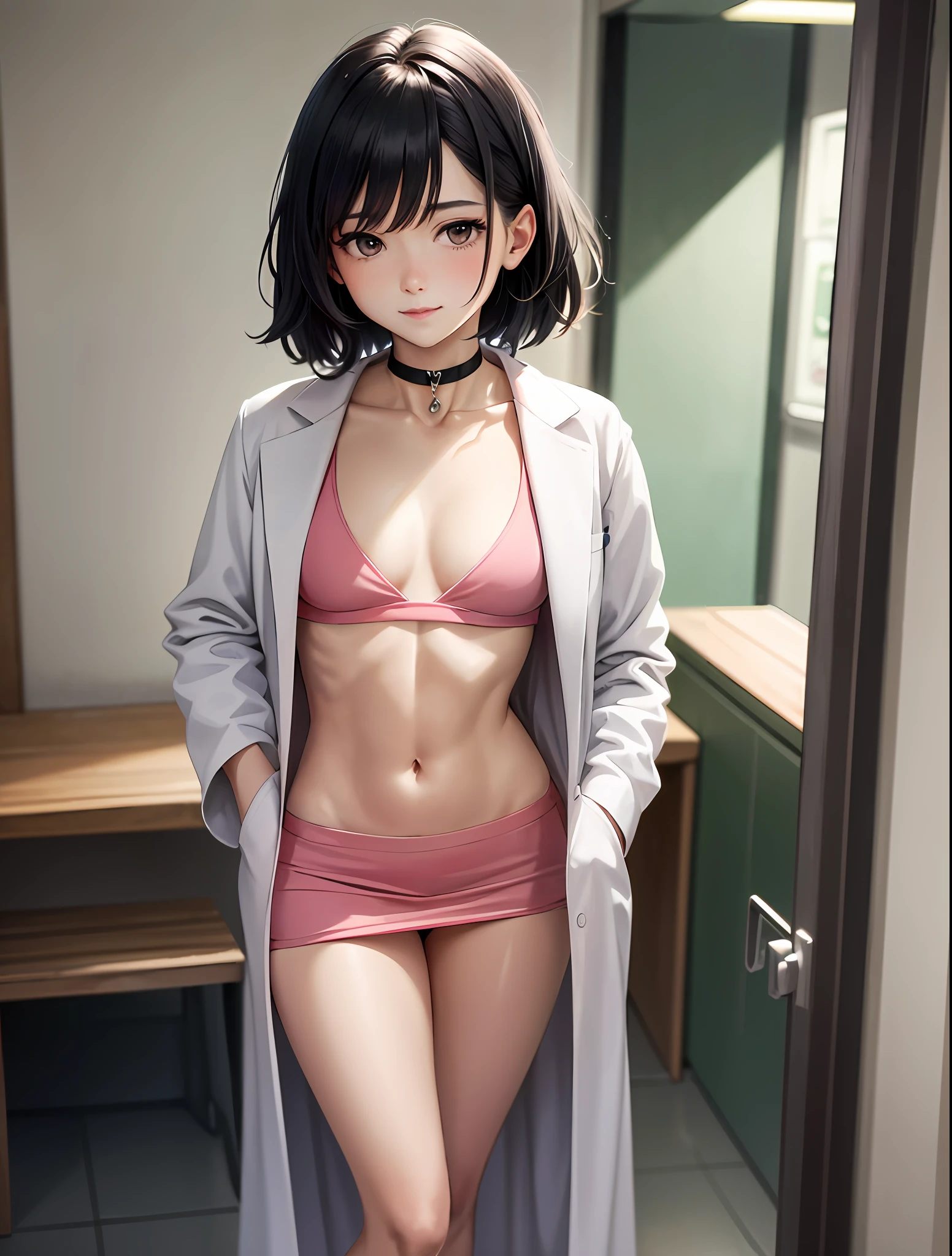 tmasterpiece, Hot lens, ((best qualtiy)), absurderes, Perfect anatomy, takemi tae, (Small smile), choker necklace, choker necklace, choker necklace, shift dresses, (:1.3), no-bra, well-defined abdomen, labcoat, standing on your feet, Doctor's office background, sexyposture,pink panty,A woman who is:1.5,30-year-old woman
