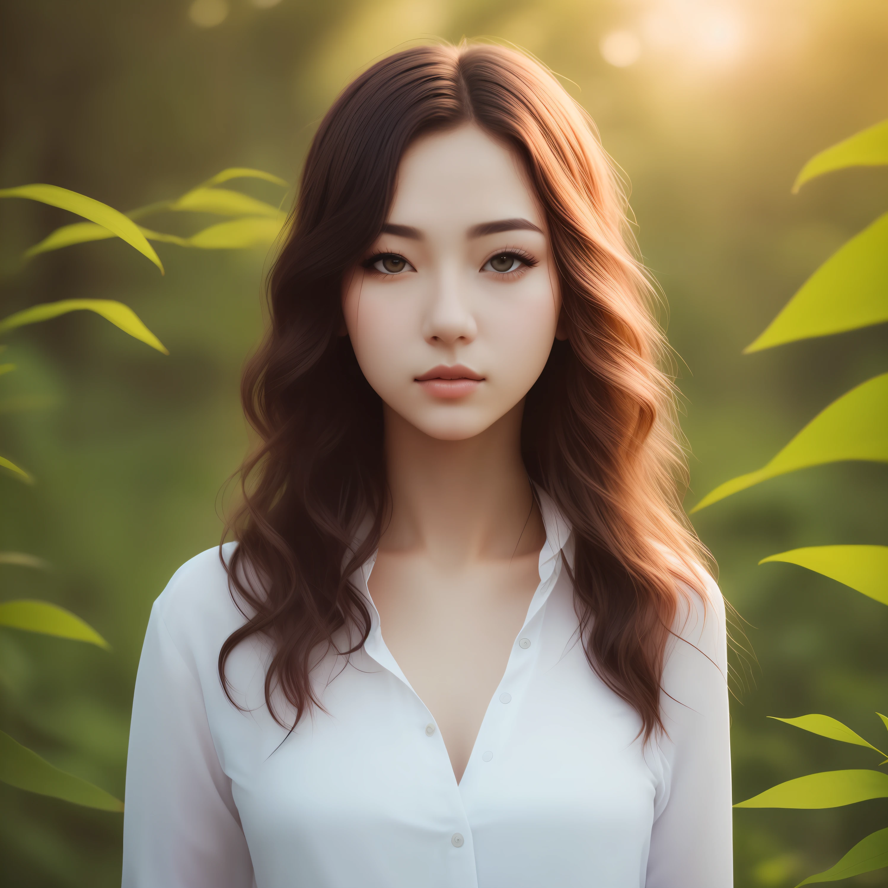 Bust portrait photography，Realistic skin，wavy and long hair，Morning light background，foliage，Super beautiful girl，