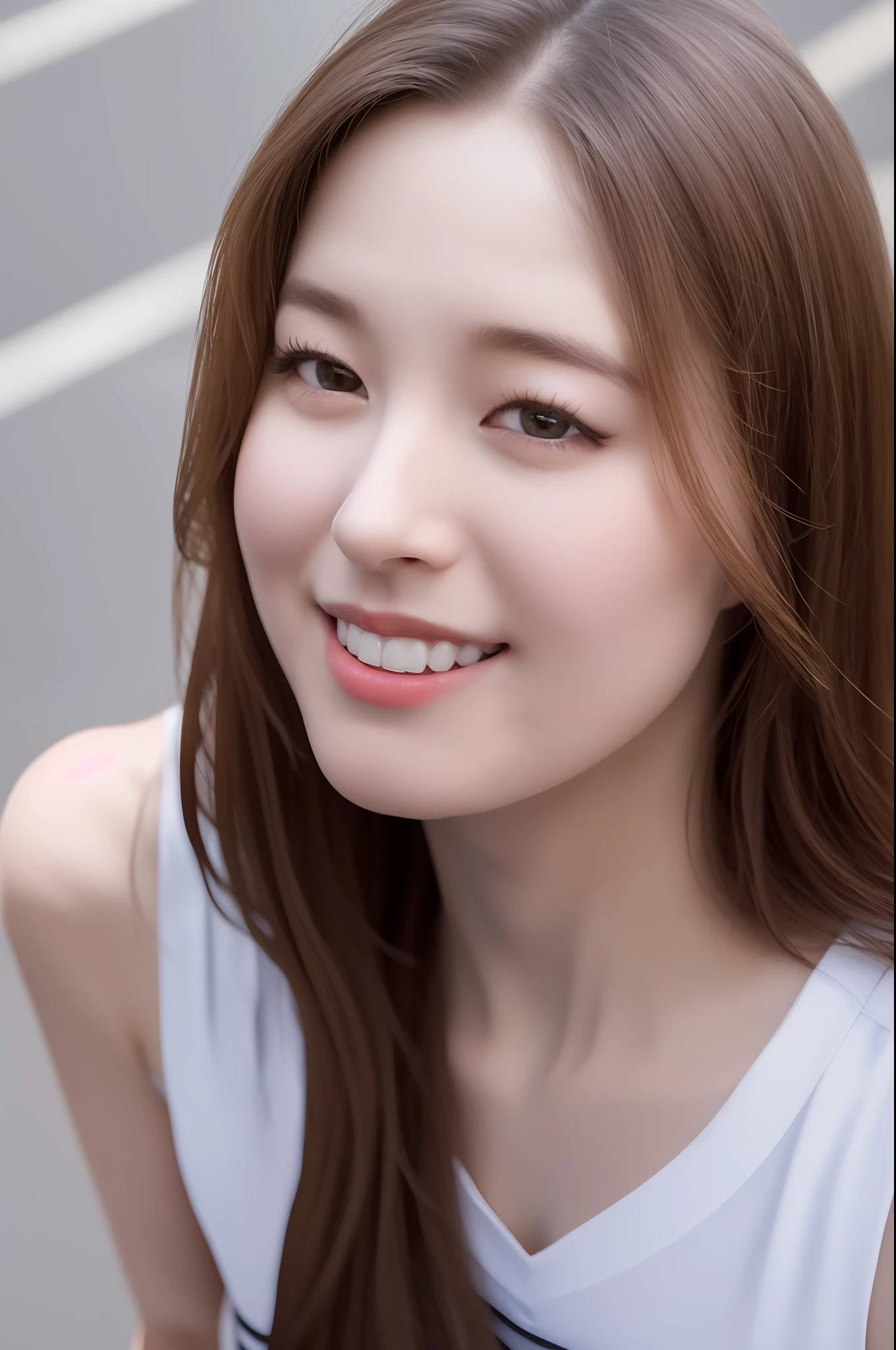 Black hair,(looking up at viewer:1.4),Arryn,(close up photo:1.2),(POV:1.1),Korean, girls,Complex 3D rendering, highly detaild,(Smile:1.3), Portrait of a beautiful woman, Capricious portrait, striking features, beauty, intriciate detail, dramatic composition, taut, contrast, texture, realism, high-quality rendering, stunning art, High Quality, film grain, FUJIFILM XT3,Swirling bokeh,(realisitic, Realistis:1.4),Raw foto,physics based rendering,(8K, Best Quality, Masterpiece:1.2),(Full Body Shot:1.1),octan render,super detailed CG, Unity 8K wallpaper,Skyline, Outdoor,(Rim Light,Studio Soft Light (Studio Soft Light),sunlights:1.2),Standing,(The girl is wearing a sleeveless shirt:1.5),Surreal details, glowing skin,The ultra-detailliert,(ultra realisic:1.2),(intrikate:1.2),(Photorealistic:1.2),1Girl,(skiny:1.3),detailed background,(large full breasts:1.1)