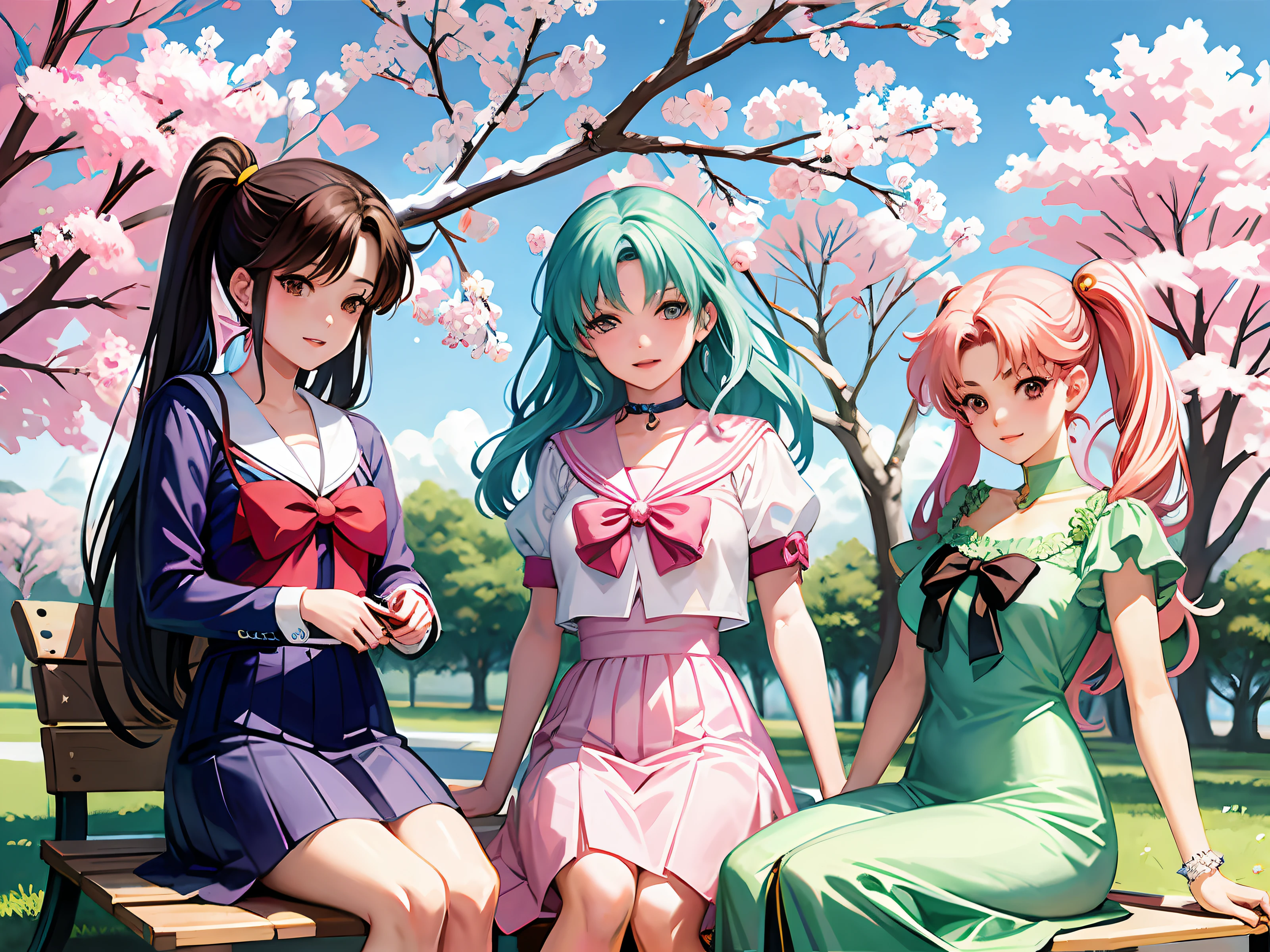 Three anime girls sitting on a bench in front of a cherry tree, Anime Girls, :14 80s anime style, Ecchi anime style, cel shaded anime, 90s anime style, 9 0 s anime style, Sailor Moon, classic shoujo, 9 0 s anime art style、Erotic、Colossal tits、Increased exposure