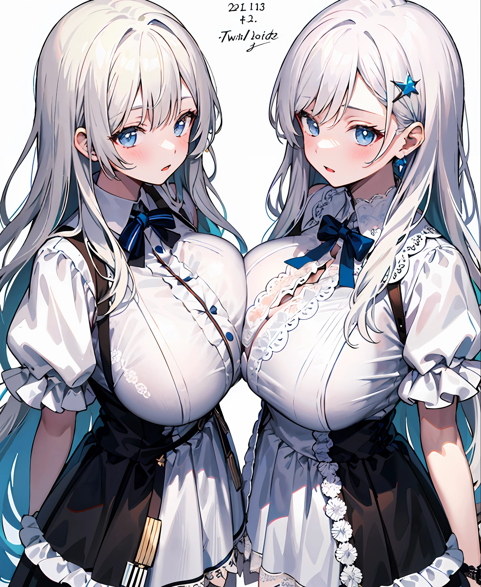 （tmasterpiece，best qualtiy：1.2），（ultra - detailed），（illustratio），twincest，Two girls who look exactly the same，huge tit，long  white hair，White color blouse，lace-trim