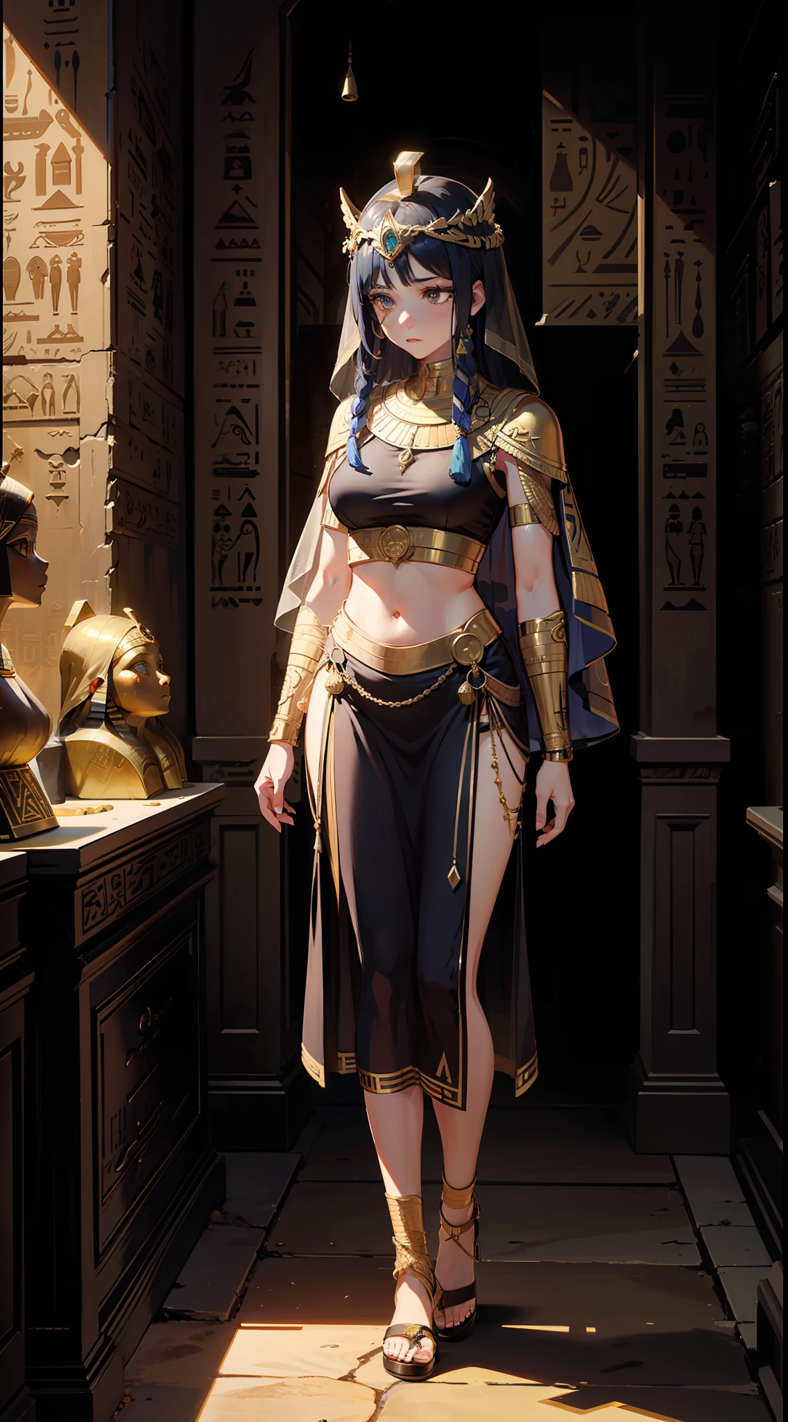 ((masterpiece)), (realistic), (3D face), illustrations, (solo:1.2), (original), (very detailed wallpaper), photographic reality, very detailed illustrations, (super-complex detail), (mysterious expression:1.2), (elegant pose:1.1), (female mummy:1.5), (ancient Egyptian:1.3), (tomb setting:1.2), (golden sarcophagus:1.1), (ancient artifacts), (hieroglyphs:1.4), (candlelit chamber), (sand-covered floor), (intricate jewelry), (ornate headpiece:1.2), (bandaged body:1.1), (ancient curse), (forgotten secrets:1.3), (undying beauty), (sacred burial), (timeless enchantment), (treasures of the pharaohs), (canopic jars), (protective amulets), (mystical spells), (guardian statues), (mortal danger), (dusty air), (echoing footsteps), (hidden passageways), (buried secrets), (eternal slumber), (restless spirit), (hallowed ground), (afterlife), (enchanted objects), (ancient rituals), (darkness and mystery), (cryptic inscriptions), (transparent veil:1.2), (Egyptian eye makeup:1.1), (detailed textures), (fine brush strokes)
