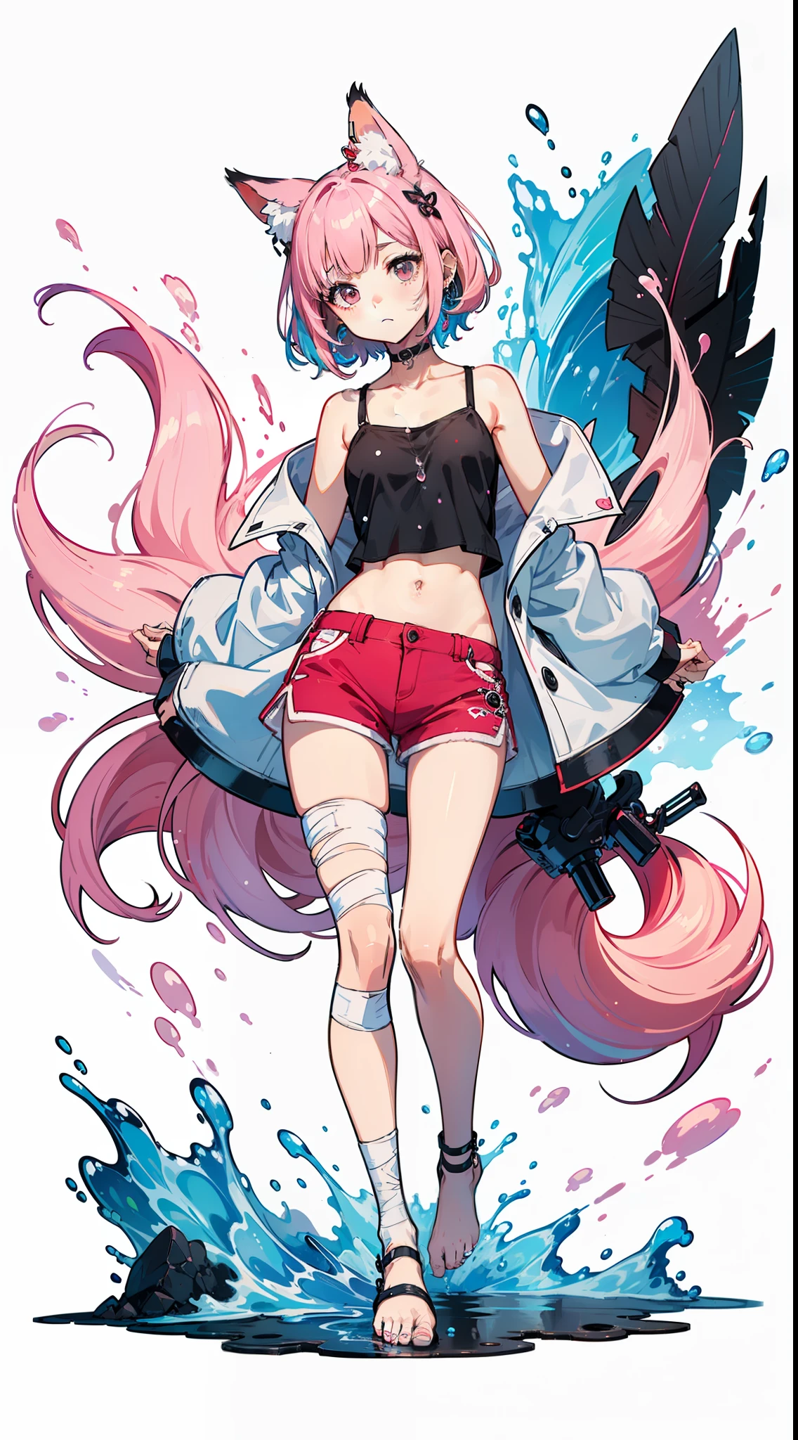 //
[(white background:1.4)::5], (imid shot:0.95), (full body:1.25), Dynamic angle,
(official art:1.2),
//
extremely delicate and beautiful,
2d,
depth of field,
solo, a beautiful detailed girl, solo,
//
land,
loli,little girl, (bandaged leg:1.1),kemomimi,fox ears,barefoot, 
pink hair,( short pink hair,hair rings,:1.2),, blunt bangs, floating hair, (colored tips,colored inner hair,:1.2), black eyes, expressionless,earphones,
(open shirt,red camisole,red crop top,red short shorts:1.1),
many stuffed  toys,many candy,
(She is standing),
//
(colorful ink is melting and splashing), (floating colorful ink droplet ),