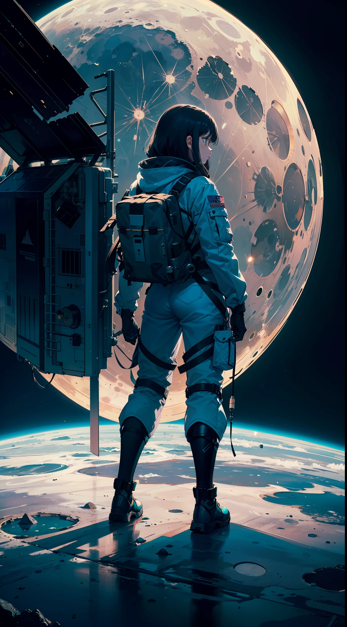 masterpiece,best quality,depth of field,full body,1girl,solo,(very wide shot:1.6),(from behind:1.2),spacesuit,cargo pants
,moon,earth,satellite,reflection,futuristic sci-fi style, fantasy style,

(1girl) was wearing a spacesuit, standing on the (moon), feeling the low gravity and (silence). In front of her was a (gray-white soil) and (craters), behind her was a huge black (satellite). She turned around and saw the distant (earth), that blue-green (planet), sparkling with clouds and light. She wondered if people on earth could see her, if they knew she was here. She felt both lonely and free, both insignificant and great.