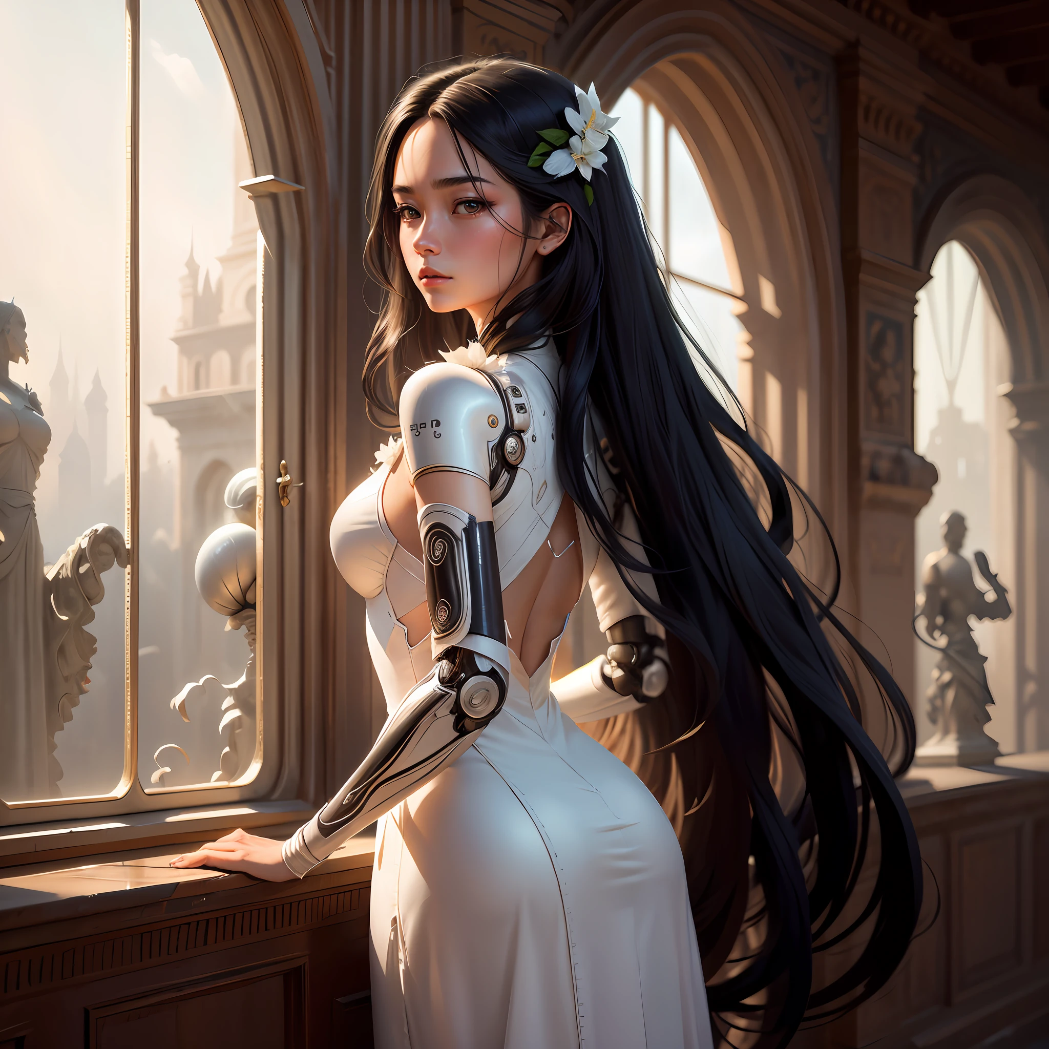 surrealism, High detail, back lit lighting, Masterpiece, Textured skin, Super detail, High details, High quality black long hair, robotic arms, white dress, Asian face