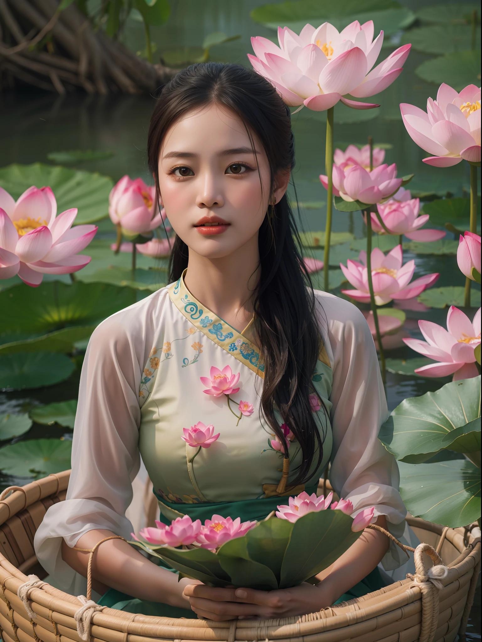 Photorealistic image of a vietnamese woman sitting in a boat with a basket of lotus flowers, wearing "ao dai". Beautiful and natural setting.
