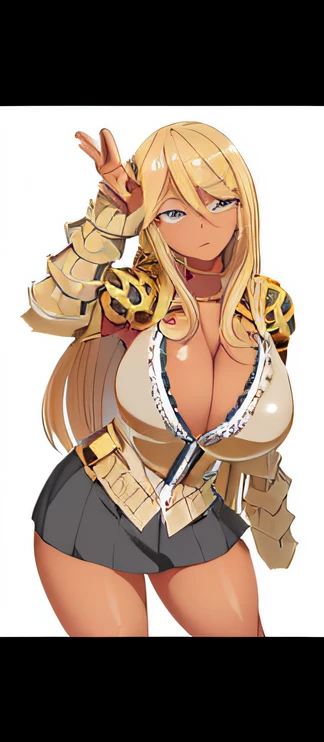 My hero academia style, girl, blonde anime girl tall musculer, (full body shot:0.5), brown skin, tanned complexion, huge breasts, cheetah themed wrestling outfit, armored arms and legs, seductive and joyful gaze.