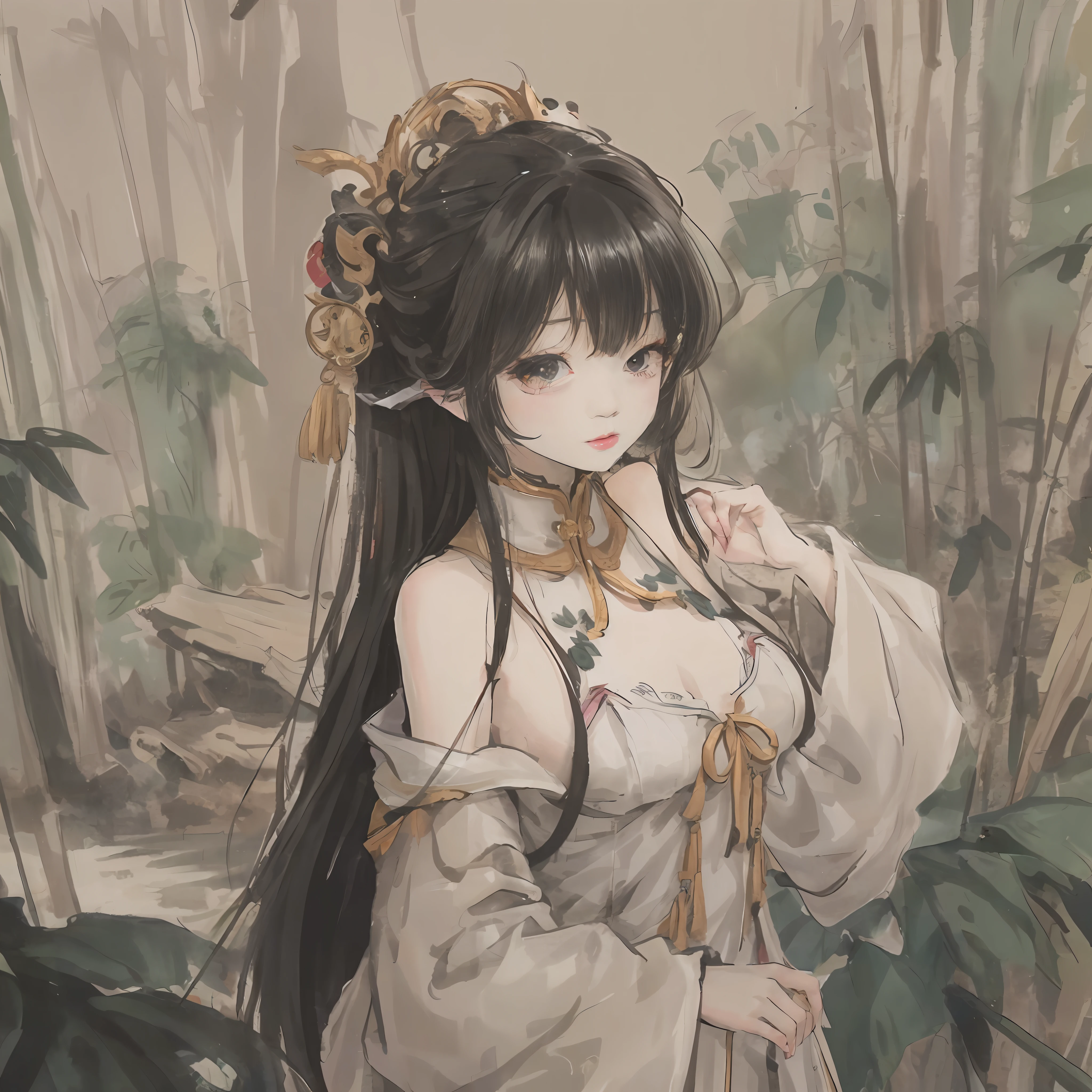 In a dense bamboo forest,Standing was a long bright black hair,A gentle breeze,Chinese vintage white long dress,Beautiful and cute,s girl,water ink,Look at you with big eyes,A hand caresses a bamboo leaf, 8K wallpaper, Highly detailed, 18-year-old girl, Black hair, Long hair, Detailed eyes, bamboo forrest, Bare shoulders, lakes, Pure, Soft smile