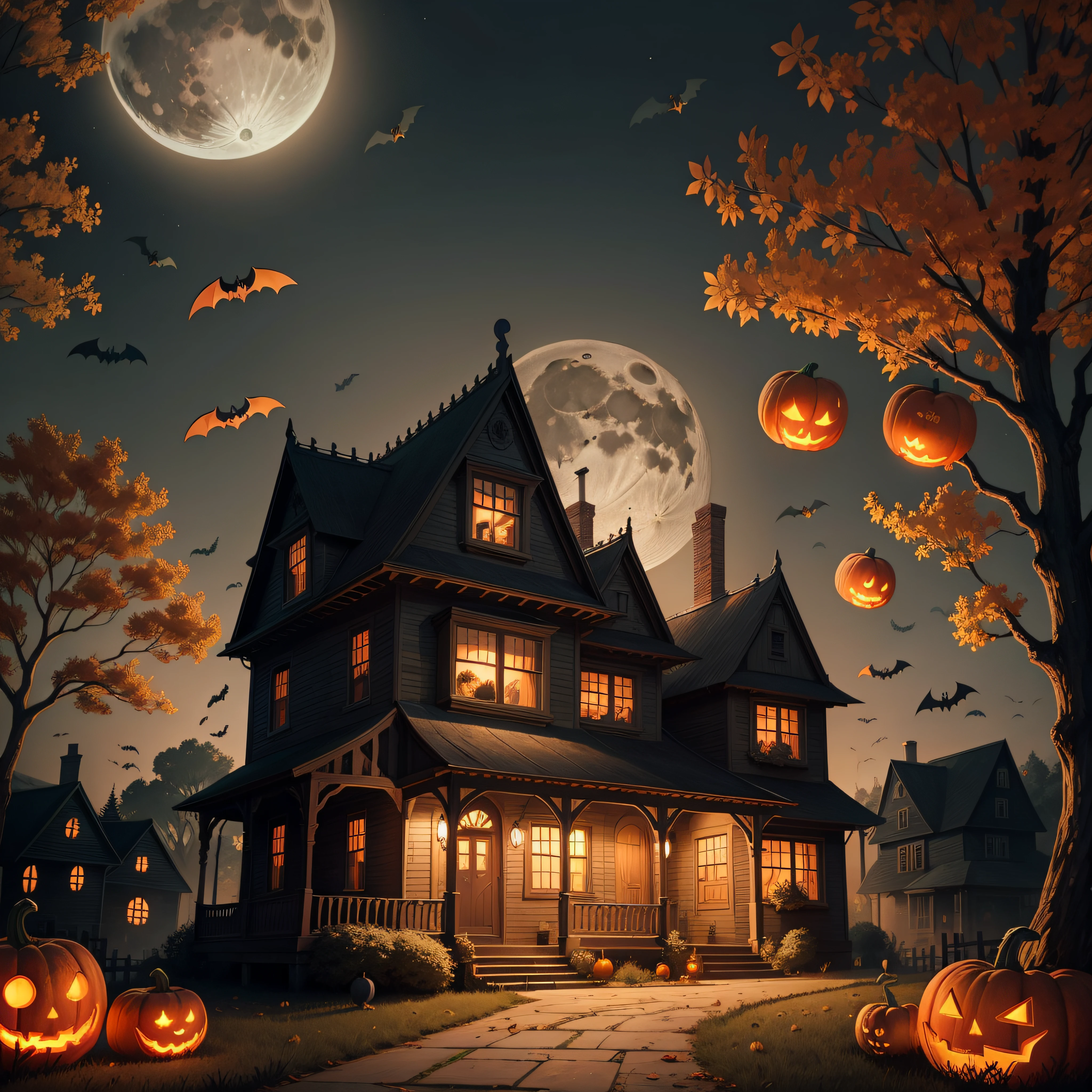 kids illustration, spooky halloween scene with ghosts pumpkins bats and old house in the background,The moon is orange --auto