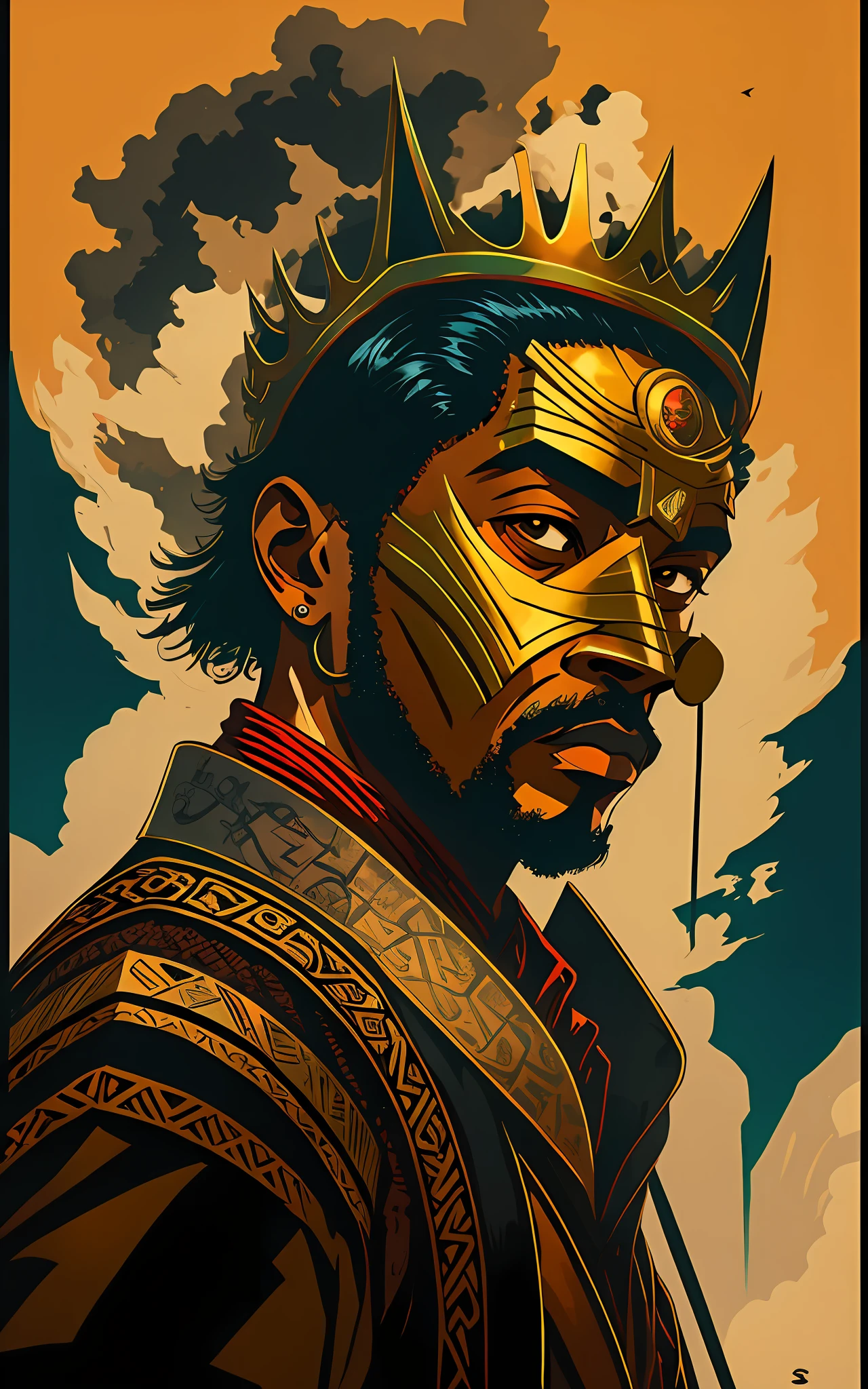a ancient black warrior king, hiperealistic background with smog, pop art, high quakity image, 8k. --auto --s2