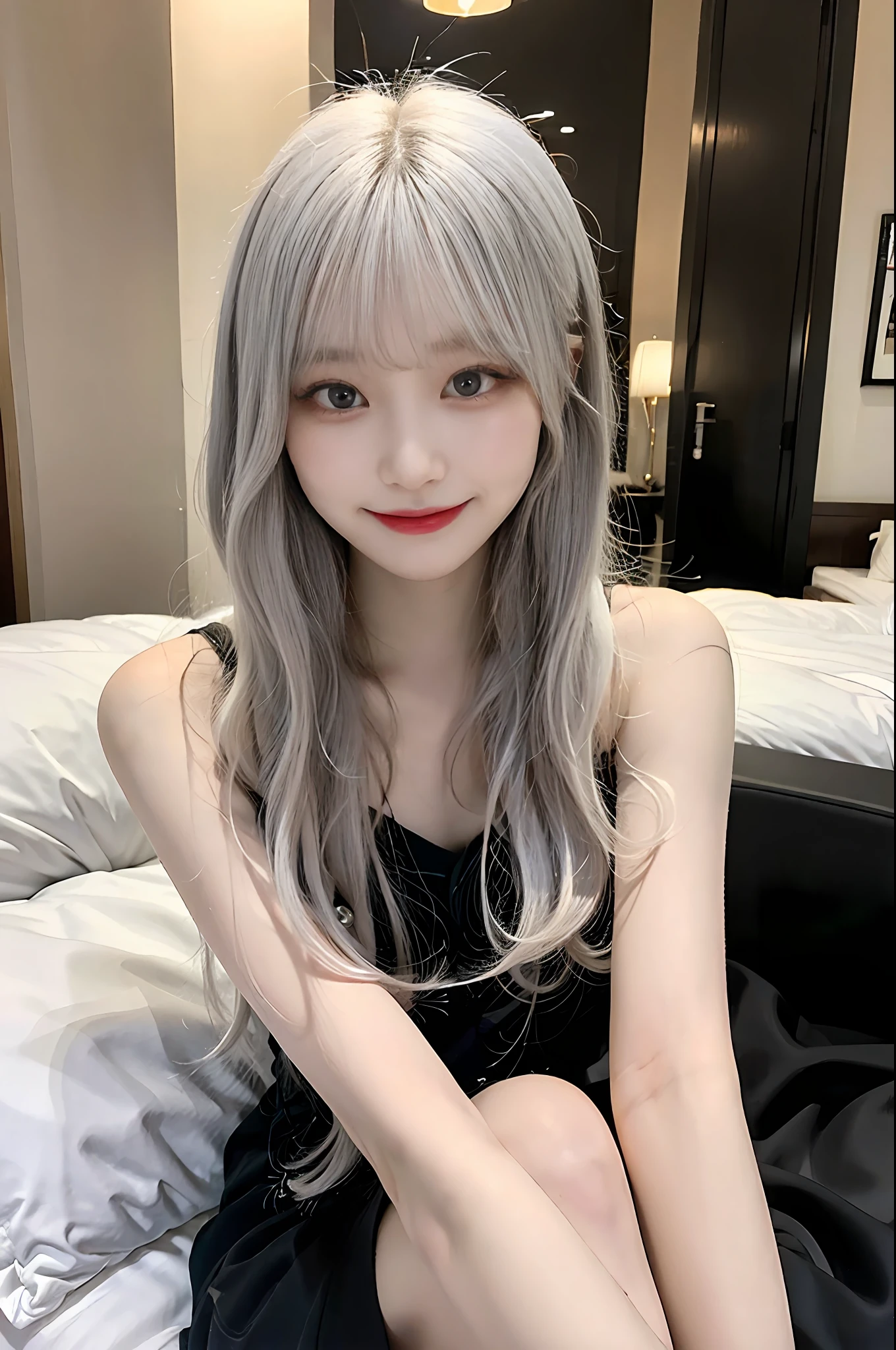 16 year old Japan man, white hair, dark makeup with perfect eyes, many eyelashes, eye shadow, thin legs, hotel bed, evil smile, devilish smile