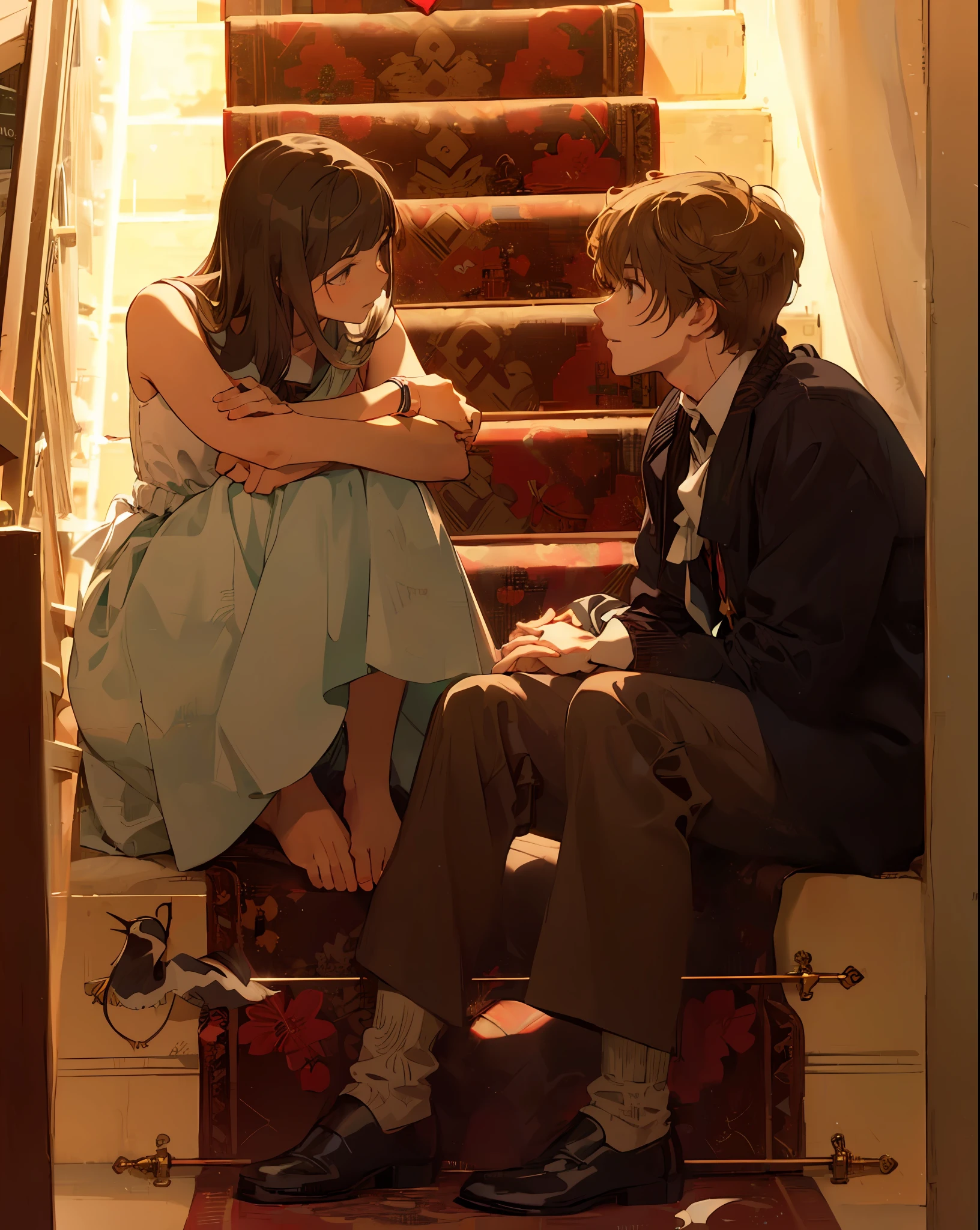 (floaty, romantic atmosphere),(pastel colors, heart-shaped, gentle and warm, soft light),lovers at sunset holding hands, overlooking the sea, sand at their feet, seagulls and sailboats in the distance, a perfect moment of love and peace,Anime, 4k artwork