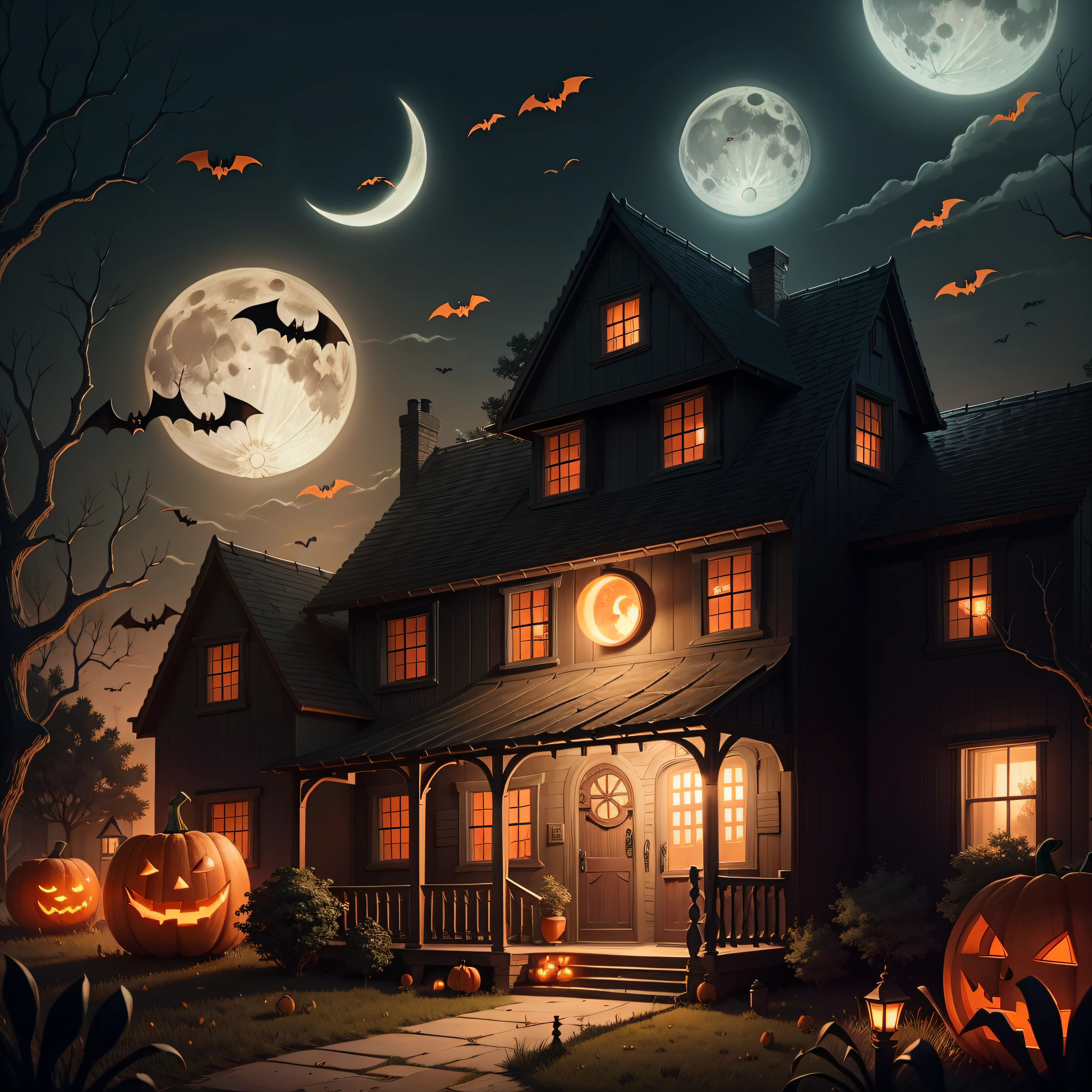 kids illustration, spooky halloween scene with ghosts pumpkins bats and old house in the background,The moon is orange --auto