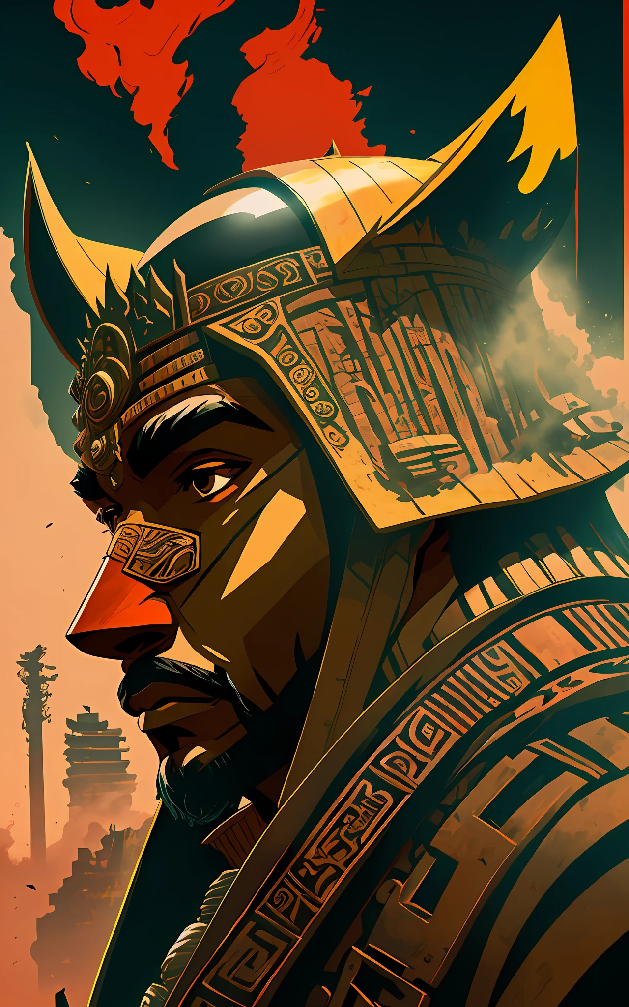 a ancient black warrior king, hiperealistic background with smog, pop art, high quakity image, 8k. --auto --s2