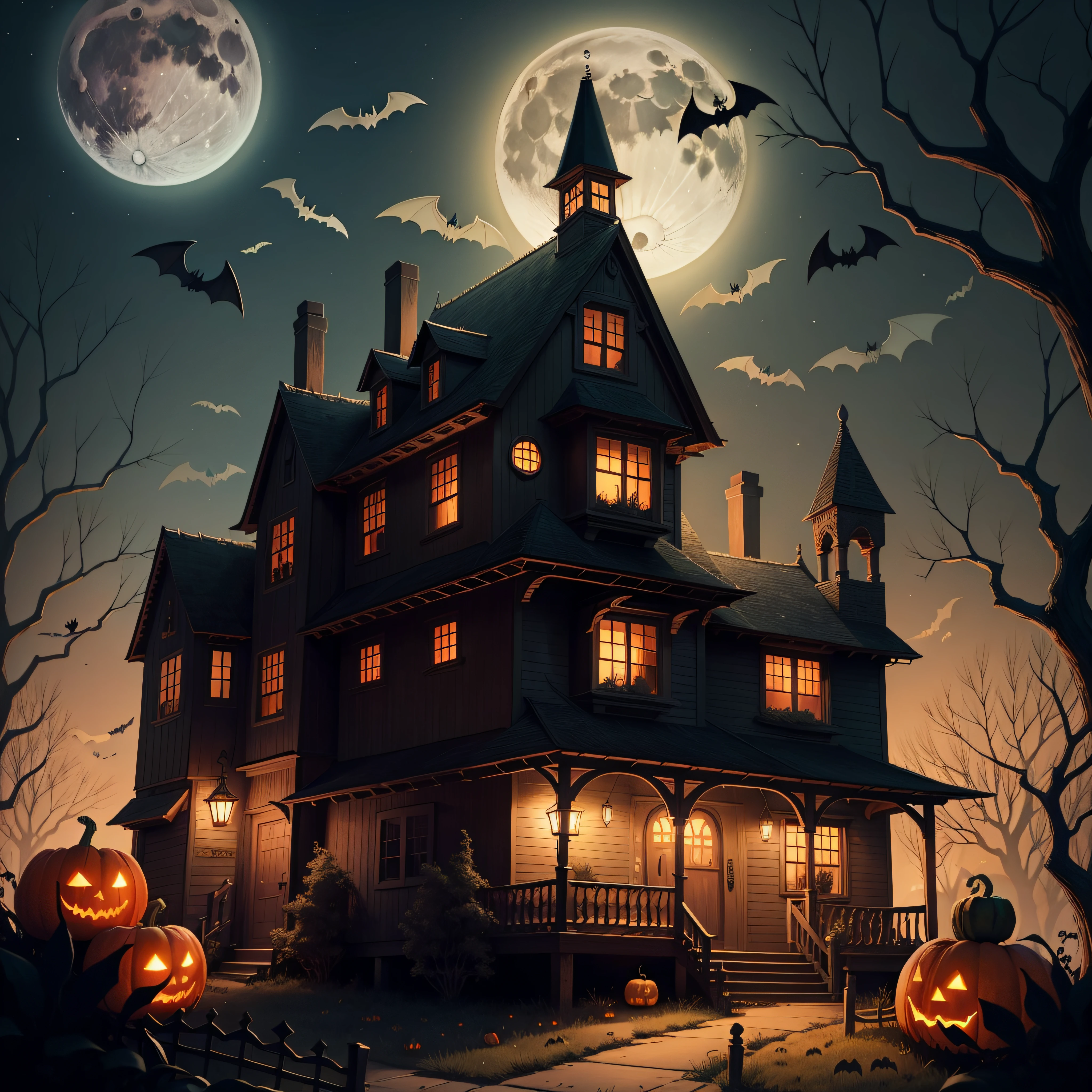 kids illustration, spooky halloween scene with ghosts pumpkins bats and old house in the background,The moon is orange --auto