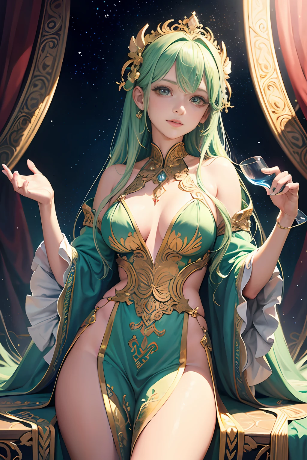 Realistic, (Masterpiece, Top Quality, Best Quality, Official Art, Beautiful and Aesthetic: 1.2), Very Detailed, Fractal Art, Colorful, Most Detailed, Leo, (Abstract Background: 1.5) (1girl: 1.3), green hair, bright eyes, earnest, combed back, long hair,dream,fantasy, gold trim,beautiful detailed sky,Style and Decoration for Leo, highly divine goddess of wisdom,(nsfw:0.8) delicate refective and high glass guardrail board