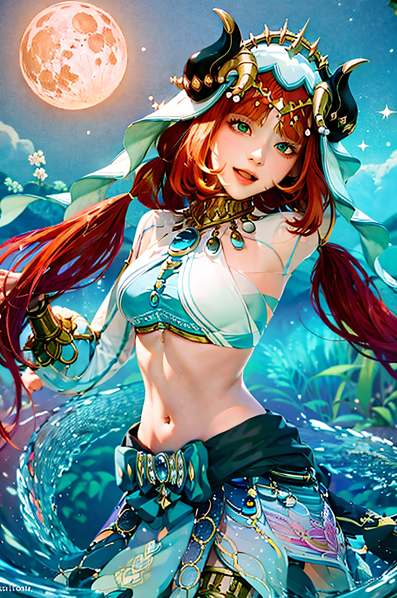 (Realistic painting style:1.1), masterpiece, best quality, absurdres, nilou (neither flower nor mist) (genshin impact), aqua eyes, nilou (genshin impact), fake horns, 1girl, solo, red hair, veil, smile, moon, long hair, crop top, jewelry, horns, night, bracer, brooch, long sleeves, puffy long sleeves, looking at viewer, skirt, bangs, twintails, water, puffy sleeves, sky, neck ring, open mouth, :d, full moon, night sky, flower, harem outfit, gold trim, parted bangs, arm up, breasts, circlet, outdoors, blue skirt, hair ornament, detached sleeves, low twintails, floating hair, gem, hair flower, blue gemstone, hand up, dancer, white headwear, small breasts, stomach, midriff, cowboy shot, blue bow, very long hair