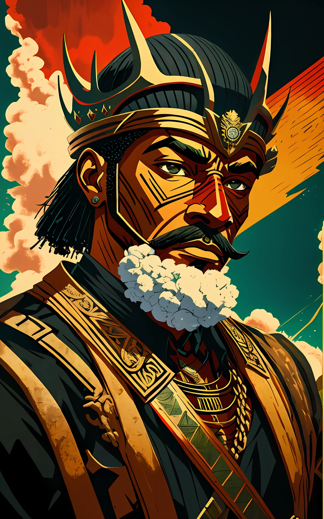 a ancient black warrior king, hiperealistic background with smog, pop art, high quakity image, 8k. --auto --s2
