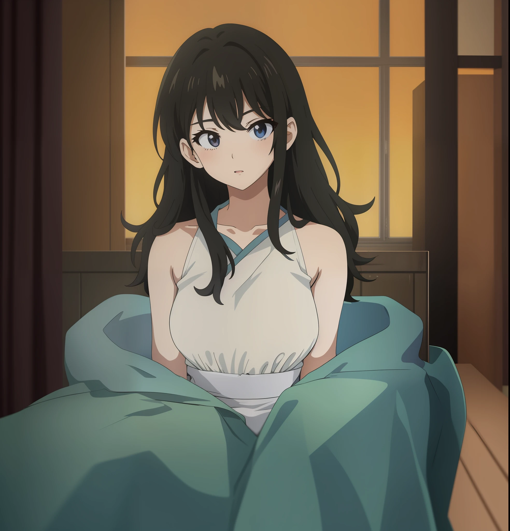 anime girl sitting in bed with blue blanket and white top, anime moe artstyle, official anime still, anime visual of a young woman, in the anime film, kyoto animation still, anime best girl, official studio anime still, anime still, seductive anime girl, makoto shinkai art style, anime visual of a cute girl, nighttime!!, anime still image