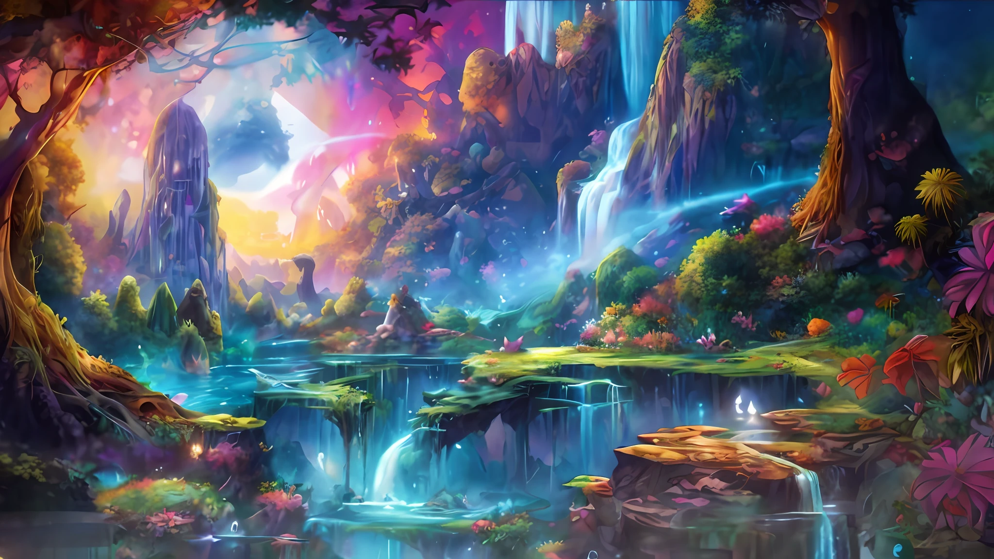 Draw waterfalls with waterfalls and waterfalls in the forest, detailed dreamscape, magical scenery, psychedelic landscape, magical colors and atmosphere, painting of a dreamscape, Galaxy Falls, magical colors and atmosphere, magic fantasy highly detailed, fantasy highly detailed, Fantasy landscape painting, beautiful detailed fantasy, mystical fantasy landscape, dream scenery art, Detailed painting 4 K, Psychedelic atmosphere