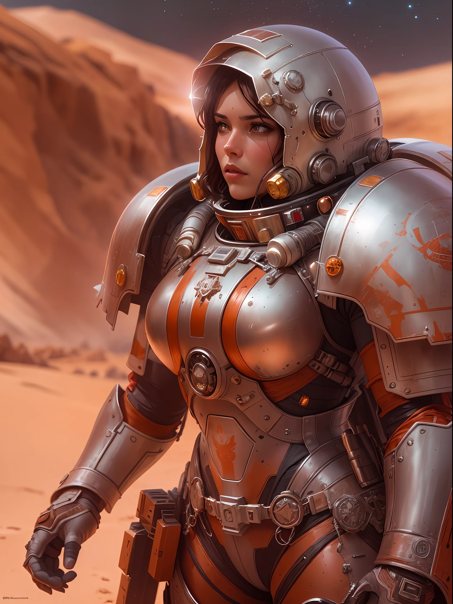 digital Portrait of a Space Marine woman, pronounced feminine feature, silver alloy metal and red heavy space armour, in the desert, detailed, cinematic composition, power space armour, intricate details, eerie, highly detailed, 8k, art by artgerm and greg rutkowski and alphonse mucha, poor quality photo, blurry, reflective metal, 4k, 8k
