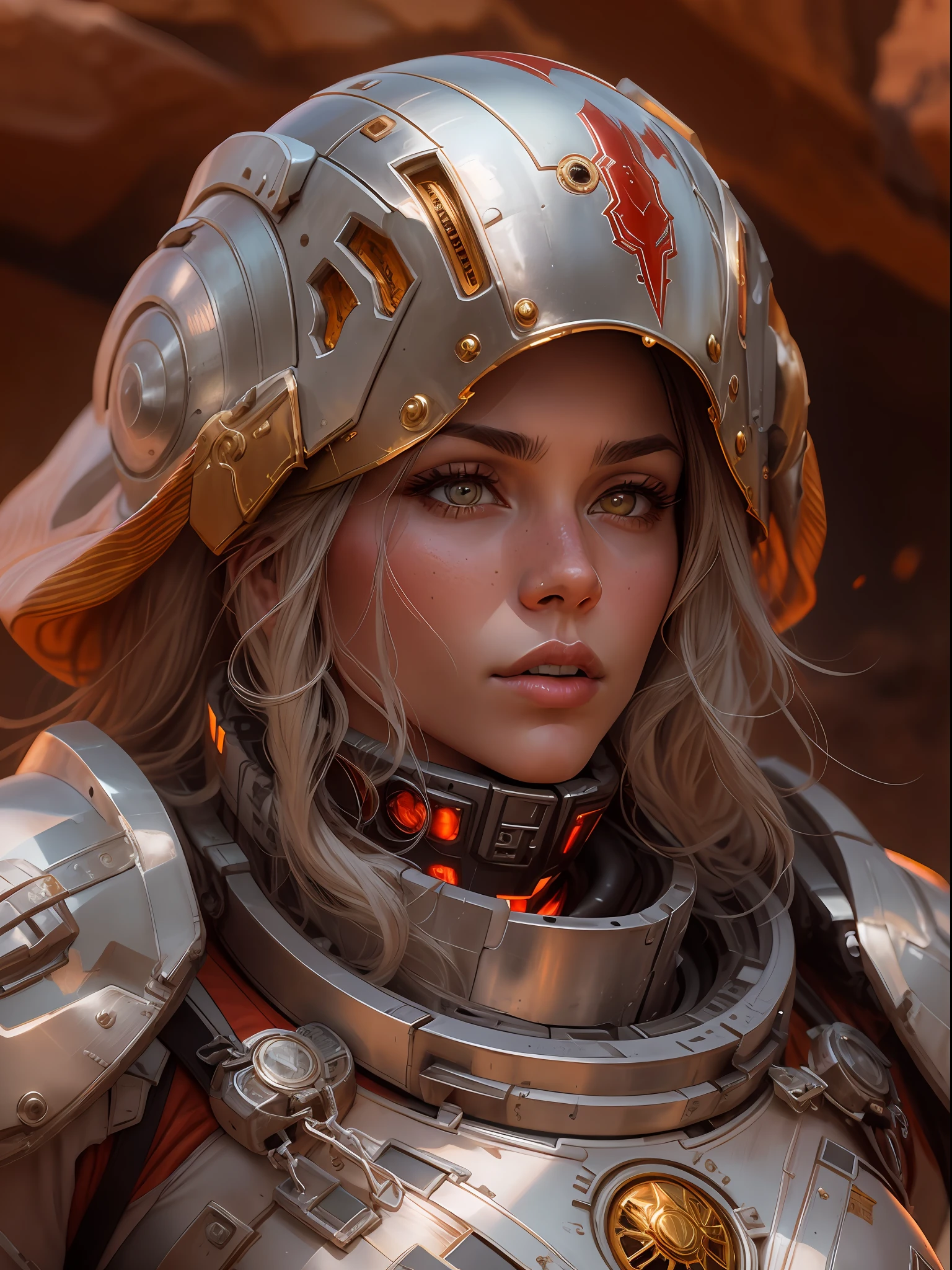 digital Portrait of a Space Marine woman, pronounced feminine feature, silver alloy metal and red heavy space armour, in the desert, detailed, cinematic composition, power space armour, intricate details, eerie, highly detailed, 8k, art by artgerm and greg rutkowski and alphonse mucha, poor quality photo, blurry, reflective metal, 4k, 8k