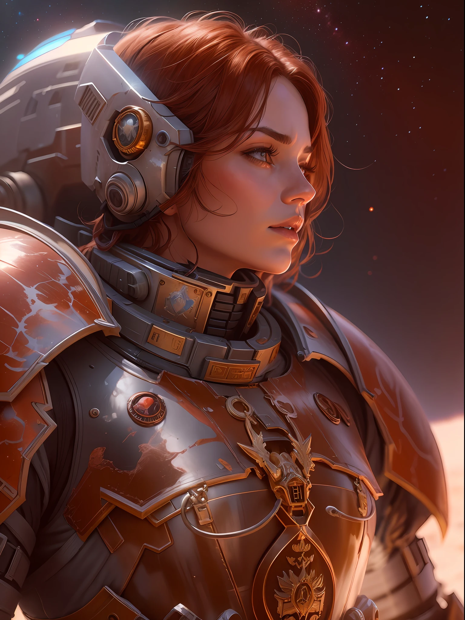 digital Portrait of a Space Marine woman, pronounced feminine feature, silver alloy metal and red heavy space armour, in the desert, detailed, cinematic composition, power space armour, intricate details, eerie, highly detailed, 8k, art by artgerm and greg rutkowski and alphonse mucha, poor quality photo, blurry, reflective metal, 4k, 8k