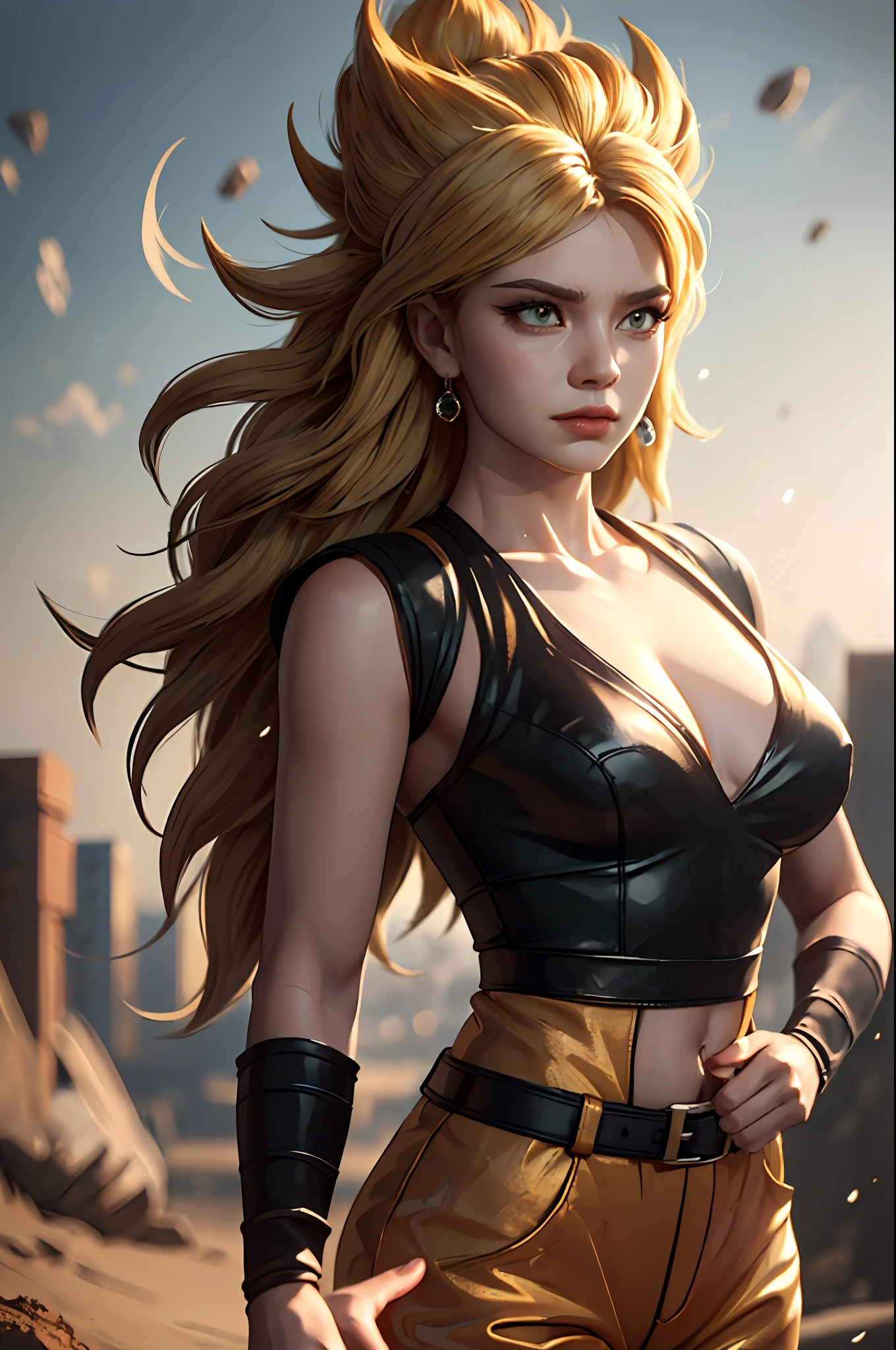 (realistic:1.2), (realism), (masterpiece:1.2), (best quality), (ultra detailed), (8k, 4k, intricate),(full-body-shot:1), (85mm),light particles, lighting, (highly detailed:1.2),(detailed face:1.2), big eyes, gorgeous goddess, make up, perfect face, perfect lighting, 1girl, sexy super saiyan, woman, blonde hair, (super saiyan), spiked hair, (long hair), energy ball in right hand, death stare, serious look, TurtleSchoolUniform, dougi, belt, orange pants, blue footwear, petite, fist, huge breast, (glistening skin), shiny skin, wind blowing upwards, yellow power aura, green pupils, rubble ground background, broken ground, (exquisitely detailed skin:1.3), cinematic light, rim lighting, ultra high res, best shadow, delicate, octane, unreal engine, perfect face features and sexy body