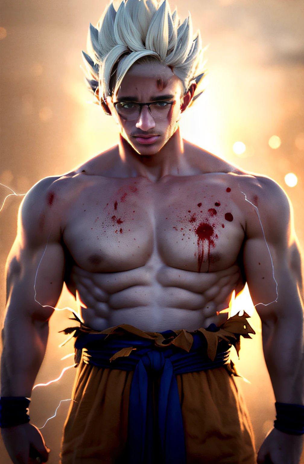 masterpiece, (photorealistic:1.5), best quality, beautiful lighting, real life, songoku, 1boy, artist name, biceps, blonde hair, blood, blood from mouth, blue sash, blue wristband, clenched hands, closed mouth, collarbone, dougi, electricity, energy, floating rock, frown, green eyes, looking at viewer, male focus, muscular, muscular male, pectorals, ribs, rock, sash, scratches, serious, solo, spiked hair, super saiyan, super saiyan 1, topless male, torn clothes, v-shaped eyebrows, wristband, ((masterpiece))