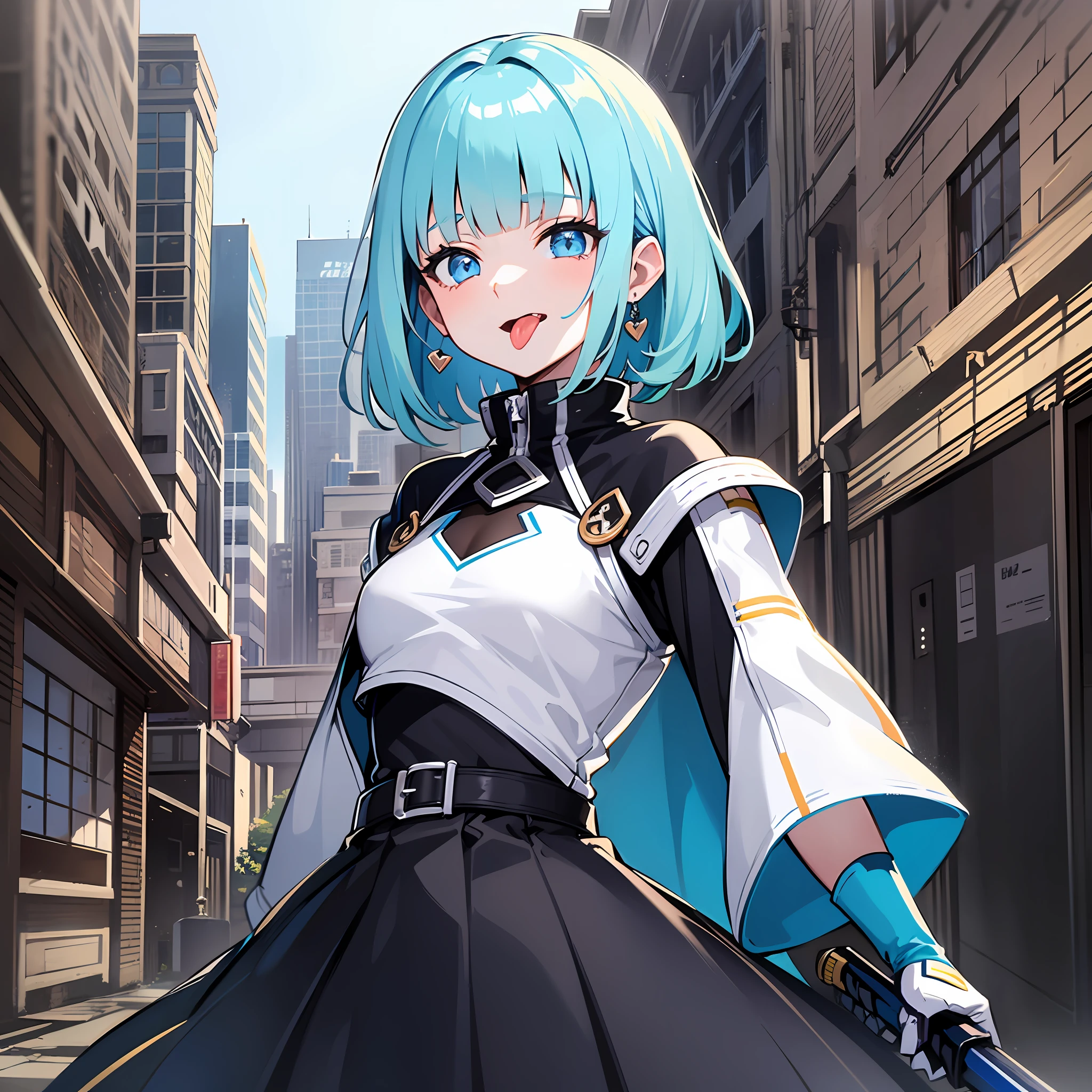 (masterpiece:1.3), (best quality:1.3), high resolution, 



holding sword, body facing forward, 

(one cute girl:1.3), solo, 
white skin, small Breast, eight-headed person, 
light blue hair, (bobbed hair:1.2), short hair, (blunt bangs:1.2), beautiful hair, blue eyes, beautiful detailed eyes, 

(tongue out:1.3), heart, 

Futuristic clothing, earrings, 

outdoors, Ruins of beautiful details, 

shadowlighting,