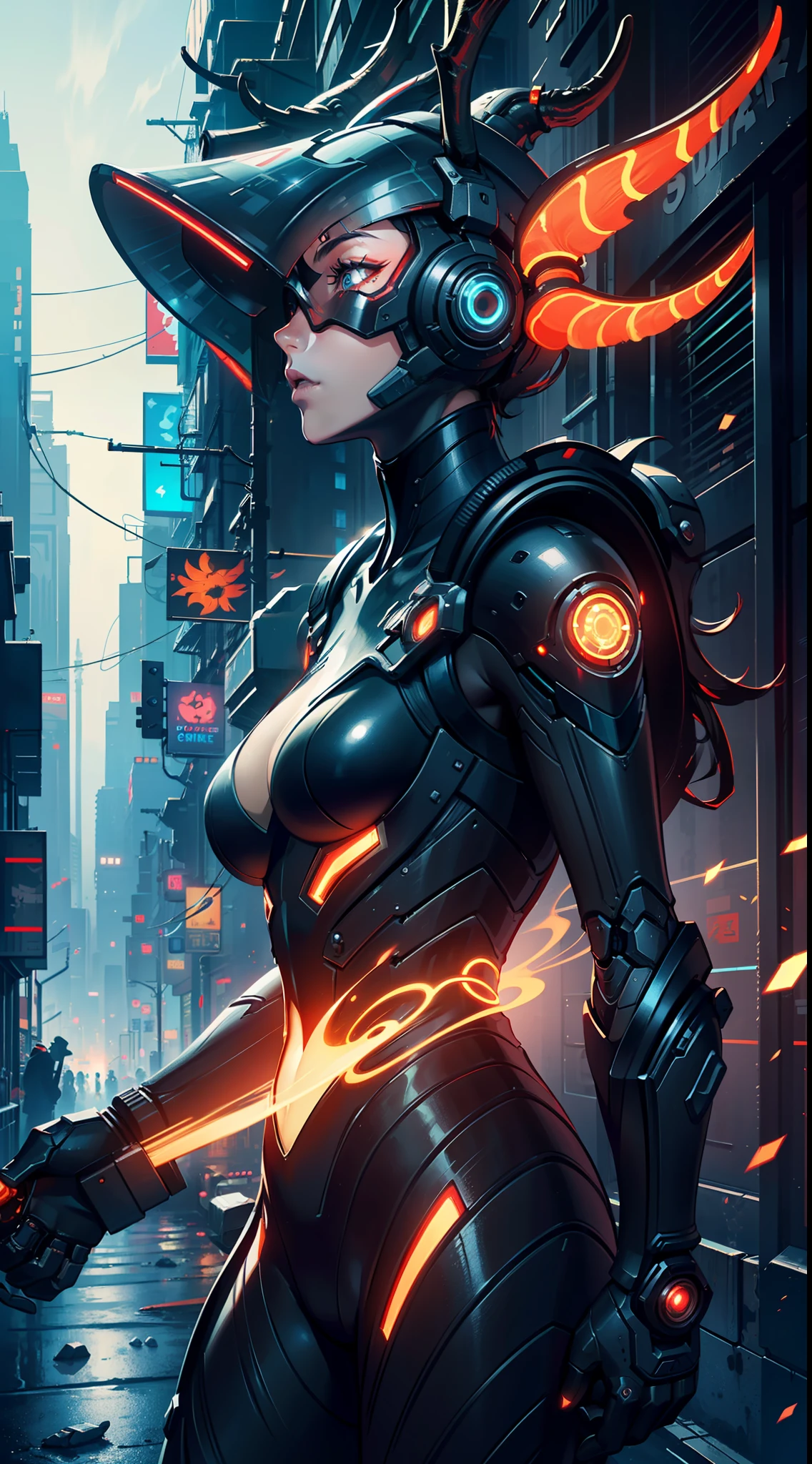 (((++detailed cyberpunk city background++))) bustling streets, ((holographic)) advertisements, dark alleys, hidden underground clubs, futurist, starry night sky,moonlit,cyberpunk,((cyberpunk neon,floating)),((colorful)),vivd,heaven portrait,cowboy shot,side face,side view,Dynamic pose,solo

/////////
high quality metal texture, metalic lusters, highly detailed,[(((Crystallize texture loongoid))) robot that resembles a Crystallize texture ((glowing))  body], ((stalker \(warframe\) with robot mane)), high quality black and red mechanical holographic helmet, mechanical parts,(((two Antler on head))),(((red glowing fluorescent screen
 covered face)))
(((highlight contrast))),
,Ambient light,
Cyberpunk,science fiction,
(best quality),(masterpiece),extremely beautiful,


(best illustration),original,master composition,
atmospheric 8k ultra detailed,beautiful details,fine details, extreme details,

(extremely detailed CG unity 8k wallpaper),Unreal Engine, 
amazing fine details and brush strokes, smooth, hd semirealistic anime cg concept art digital painting，cg painting,)(photorealistic:0.4),(realistic:0.4),vivid