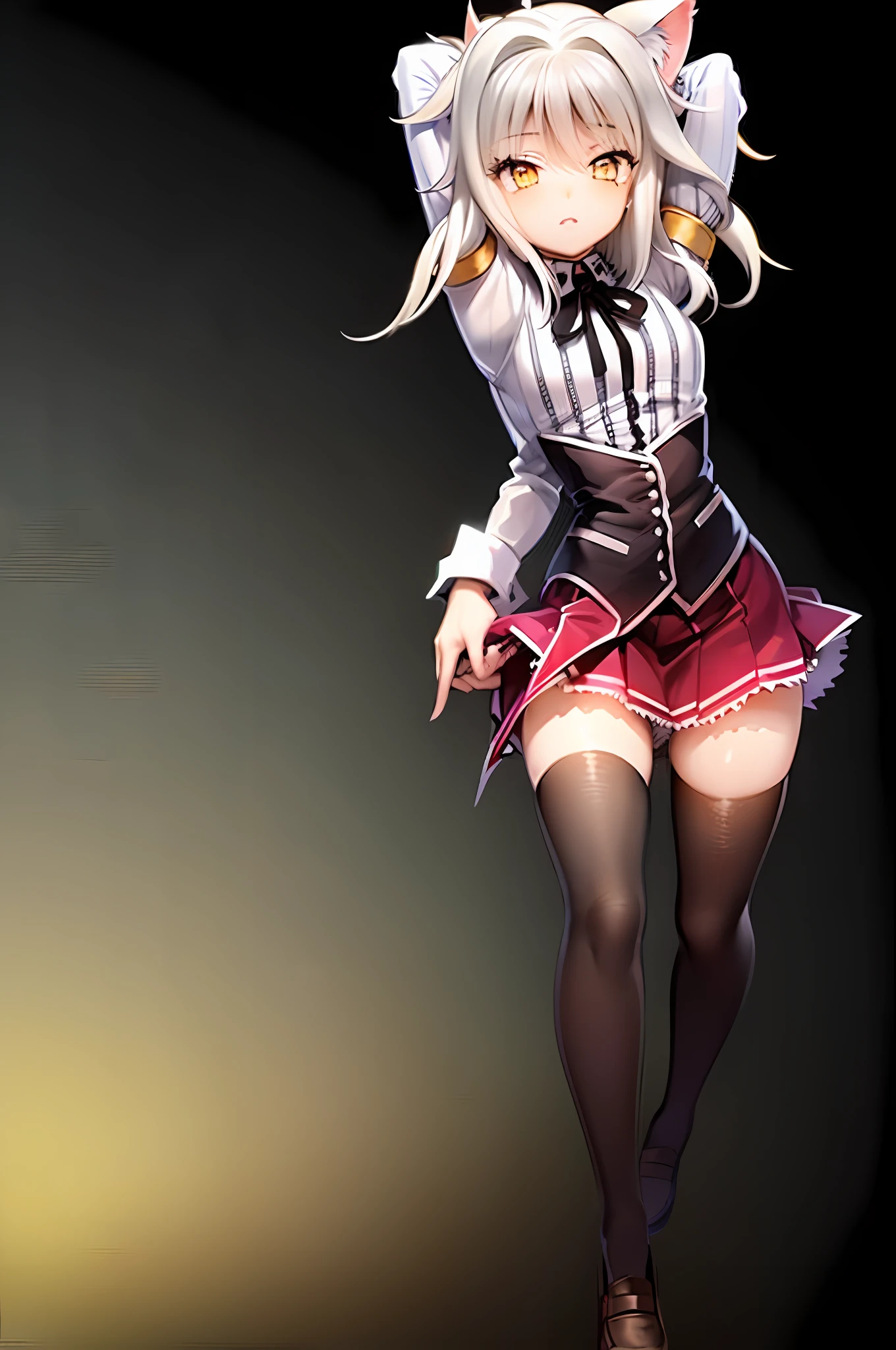 1girl, white hair, short hair, yellow eyes, small breasts, cat hair ornament, sidelocks, grey hair, shiny hair, school uniform, (golden eyes:1.2),(vest-corset on stomach with 2 long triangular extensions over the skirt), white buttons on vest-corset, (stripped shirt with short sleeves under the vest-corset), (the edges of the sleeves are close to the arms), (black colored thick ribbon on neck), (short magenta colored skirt),