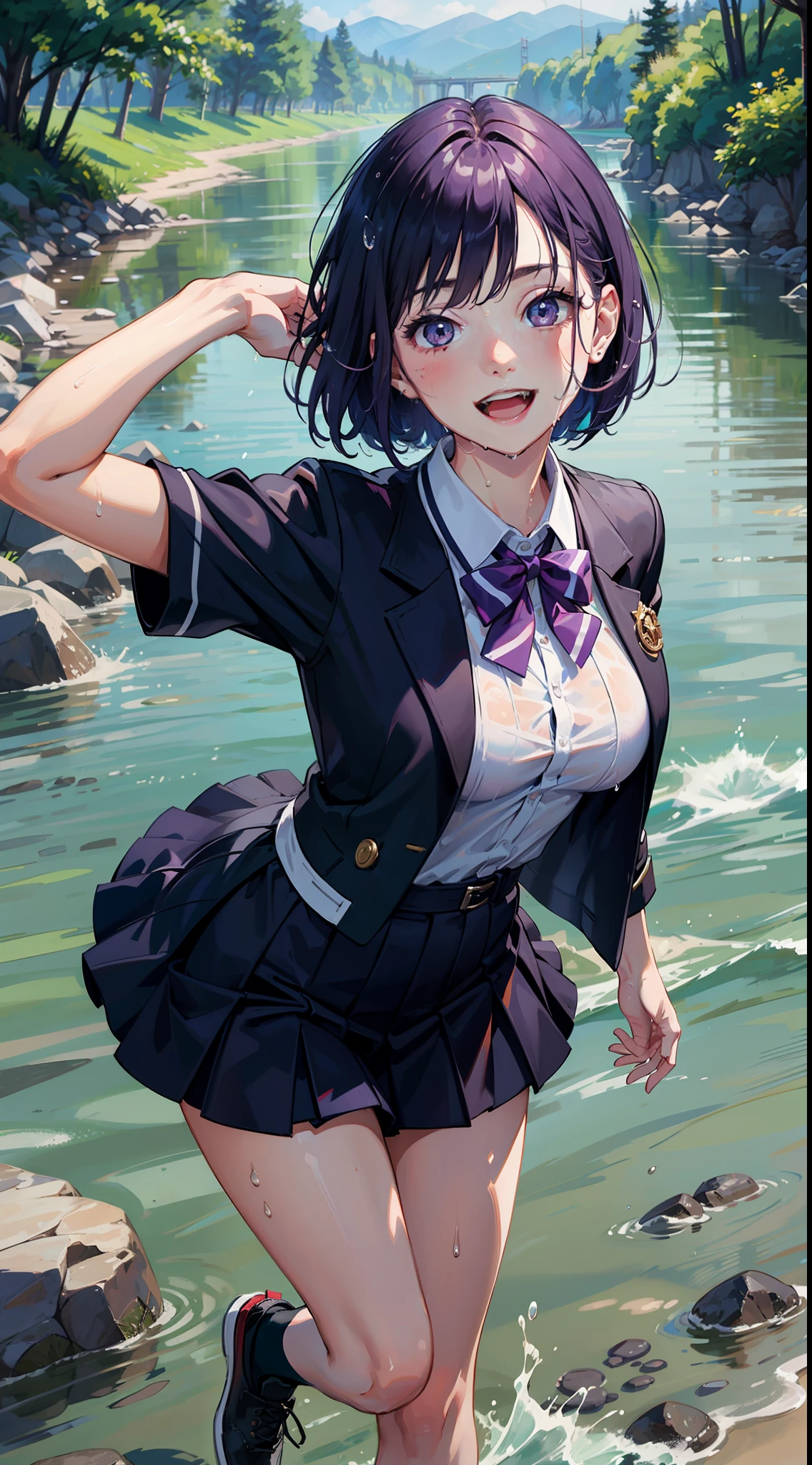 best quality, masterpiece, ultra highres, photo realistic, river, summer,
1girl, bursting breasts, shoes, high school uniforms, purple hair, inverted bob, happy smile, open mouth, wet skin,
cowboy shot, playing in the river, cute pose