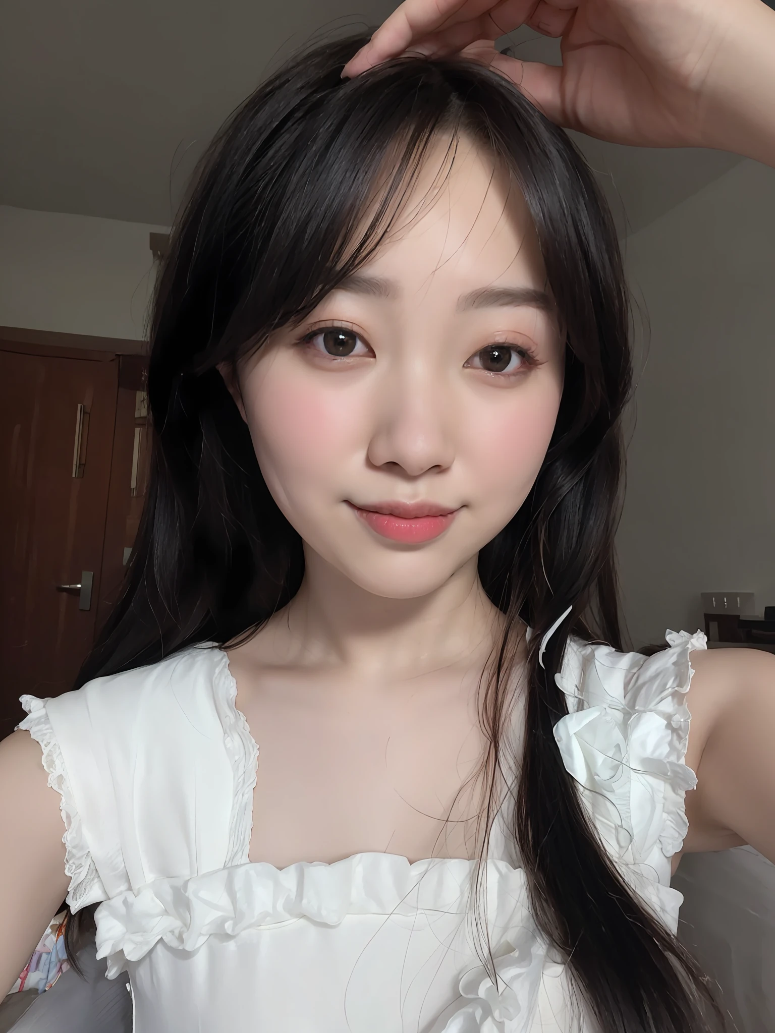 alafed asian woman，Long black hair and white dress, 8k selfie photograph, young lovely Korean faces, ulzzangs, young cute wan asian face, clear cute face, wan adorable korean face, pale round face, cute delicate face, Korean face features, small heart - shaped face, very very low quality, xintong chen, Korean symmetrical face