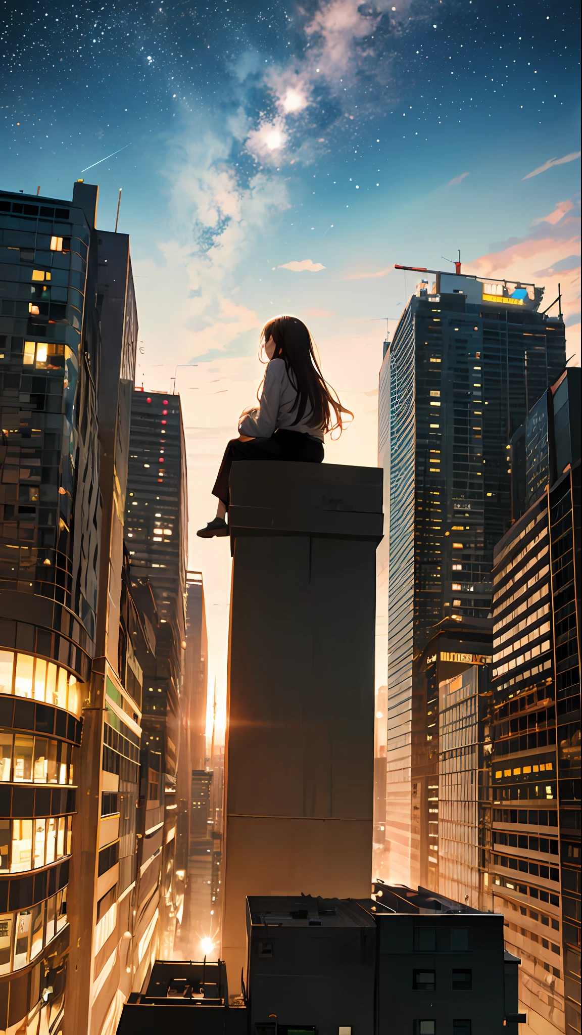 octans, sky, star (sky), scenery, starry sky, night, 1girl, night sky, solo, outdoors, building, cloud, milky way, sitting, tree, long hair, city, silhouette, cityscape