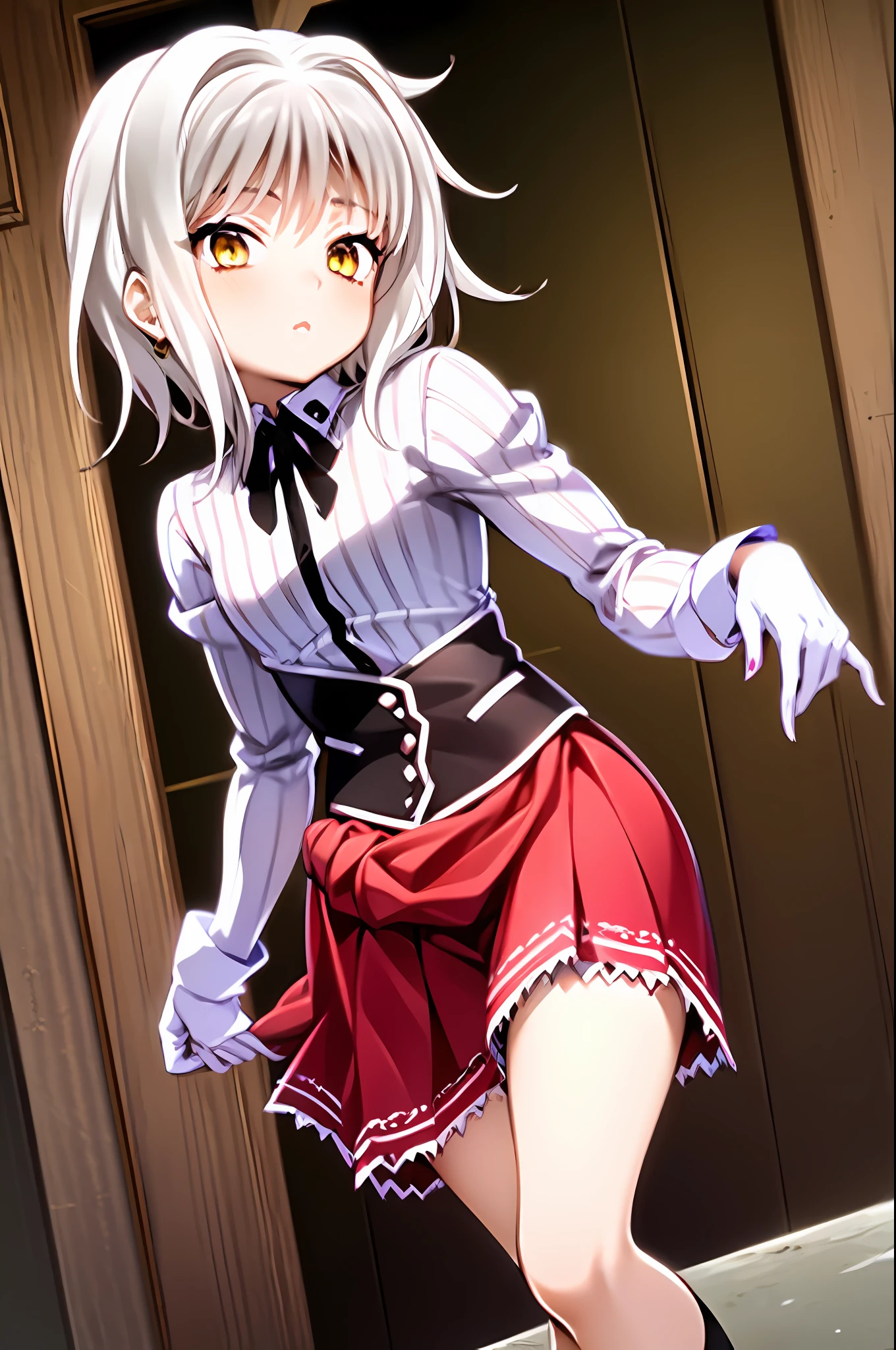 1girl, white hair, short hair, yellow eyes, small breasts, cat hair ornament, sidelocks, grey hair, shiny hair, school uniform, (golden eyes:1.2),(vest-corset on stomach with 2 long triangular extensions over the skirt), white buttons on vest-corset, (stripped shirt with short sleeves under the vest-corset), (the edges of the sleeves are close to the arms), (black colored thick ribbon on neck), (short magenta colored skirt),