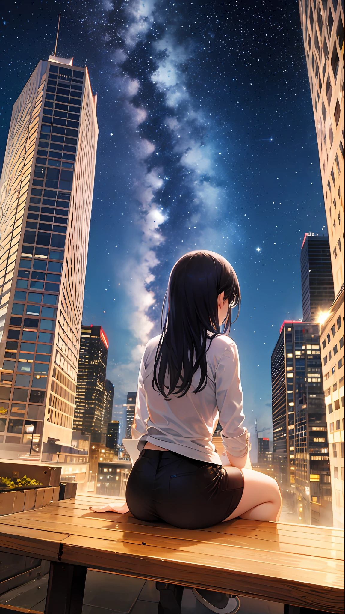 octans, sky, star (sky), scenery, starry sky, night, 1girl, night sky, solo, outdoors, building, cloud, milky way, sitting, tree, long hair, city, silhouette, cityscape