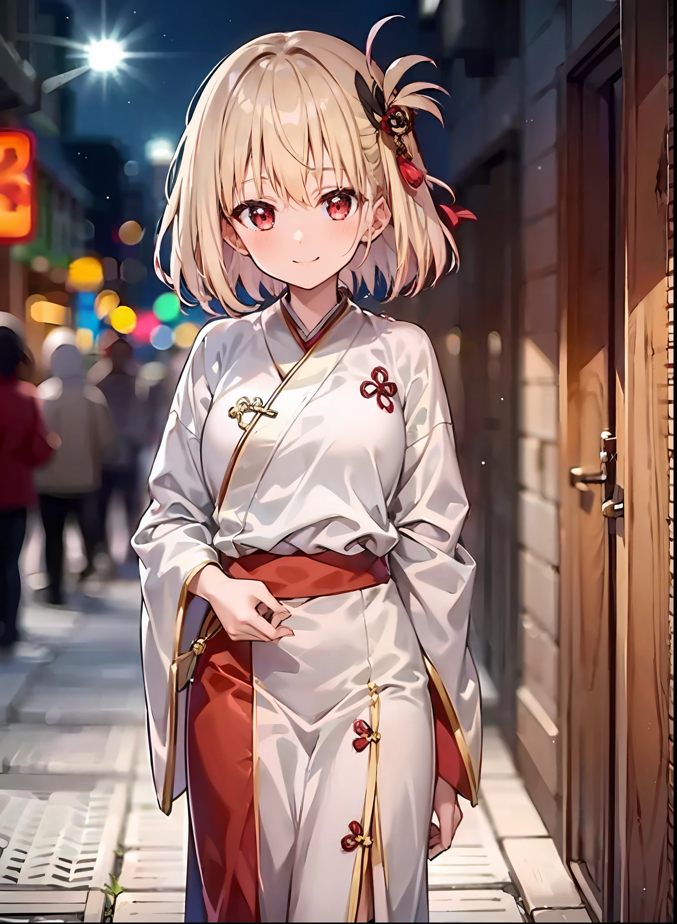 one-girl，Short yellow hair，ssmile，Hanfu，snowfield，Hanfu，natta，the night，looki at viewer，high high quality，high qulity，8K