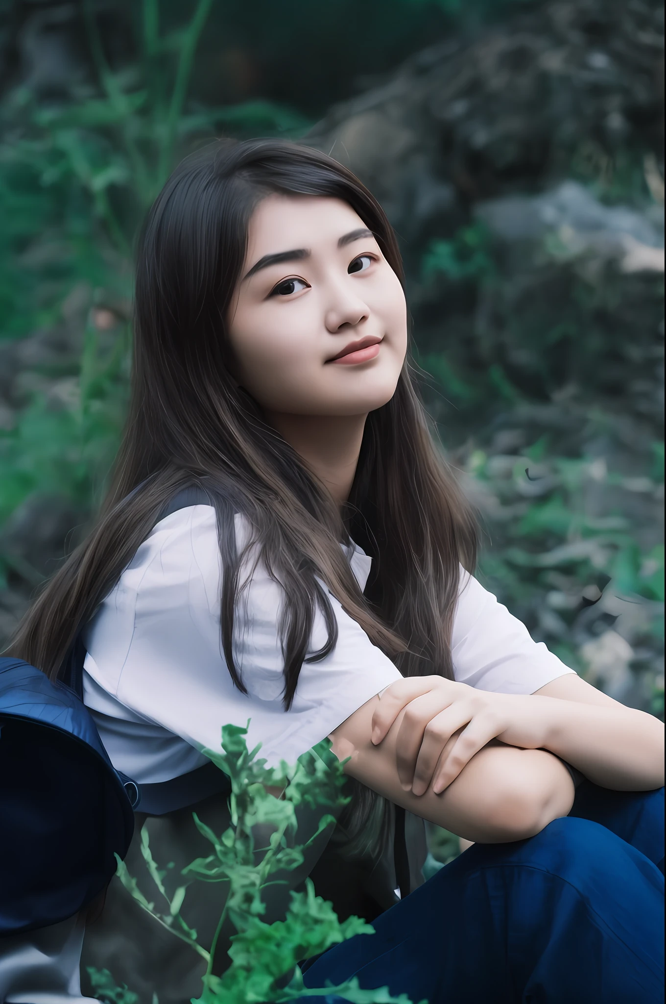 There was a woman sitting on the ground with a backpack on her back, A young Asian woman, Young Asian woman, photo of young woman, Young Asian girl, portrait of a japanese teen, Gemma Chen, chiho, mid shot portrait, nivanh chanthara, An Asian woman, INFP young woman, portrait of christy ren, mai anh tran