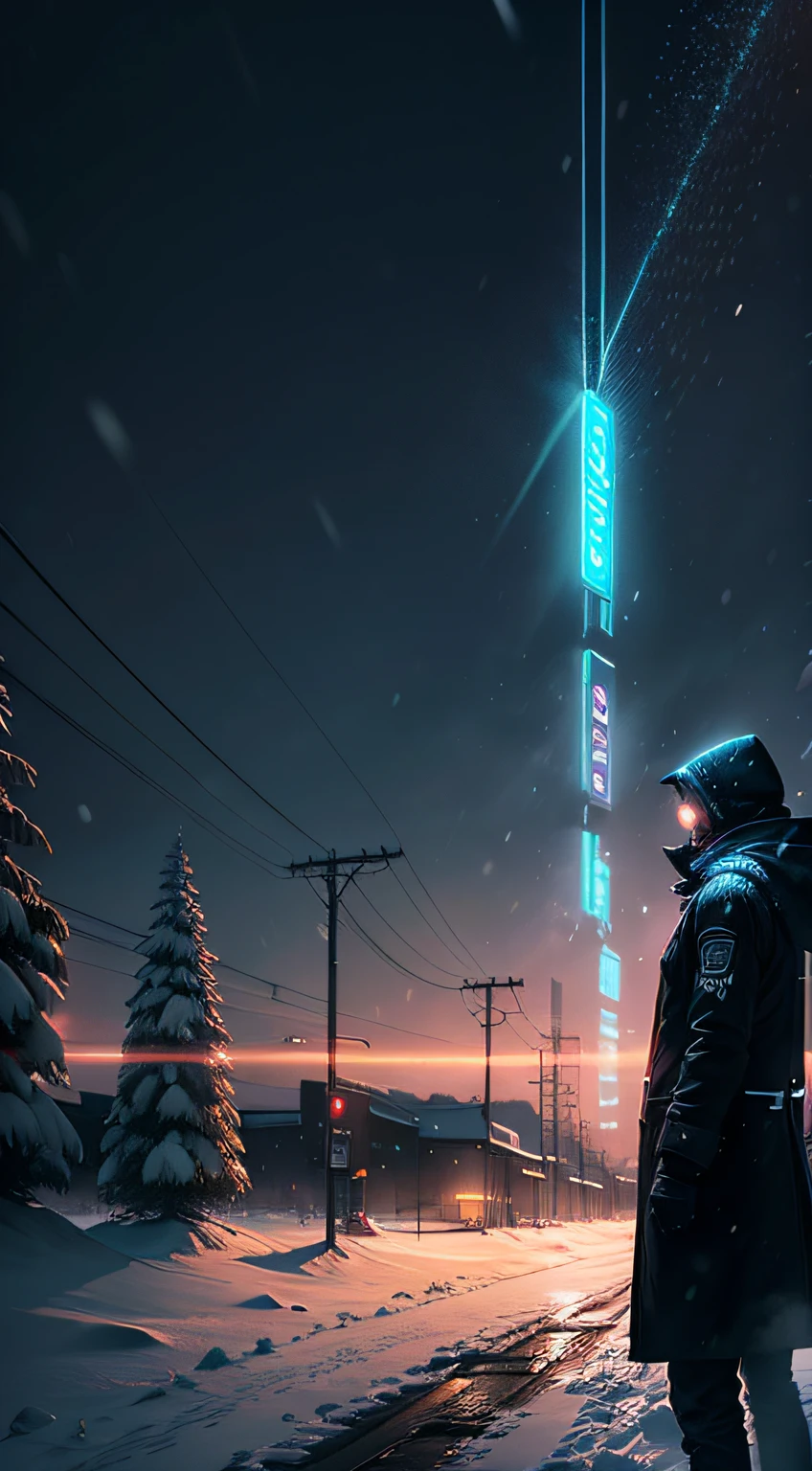 A man stands in the snow in the distance,dim murky lights,It was snowing heavily,the night,Scenery Snow,exaggeration,cyber punk perssonage --auto
