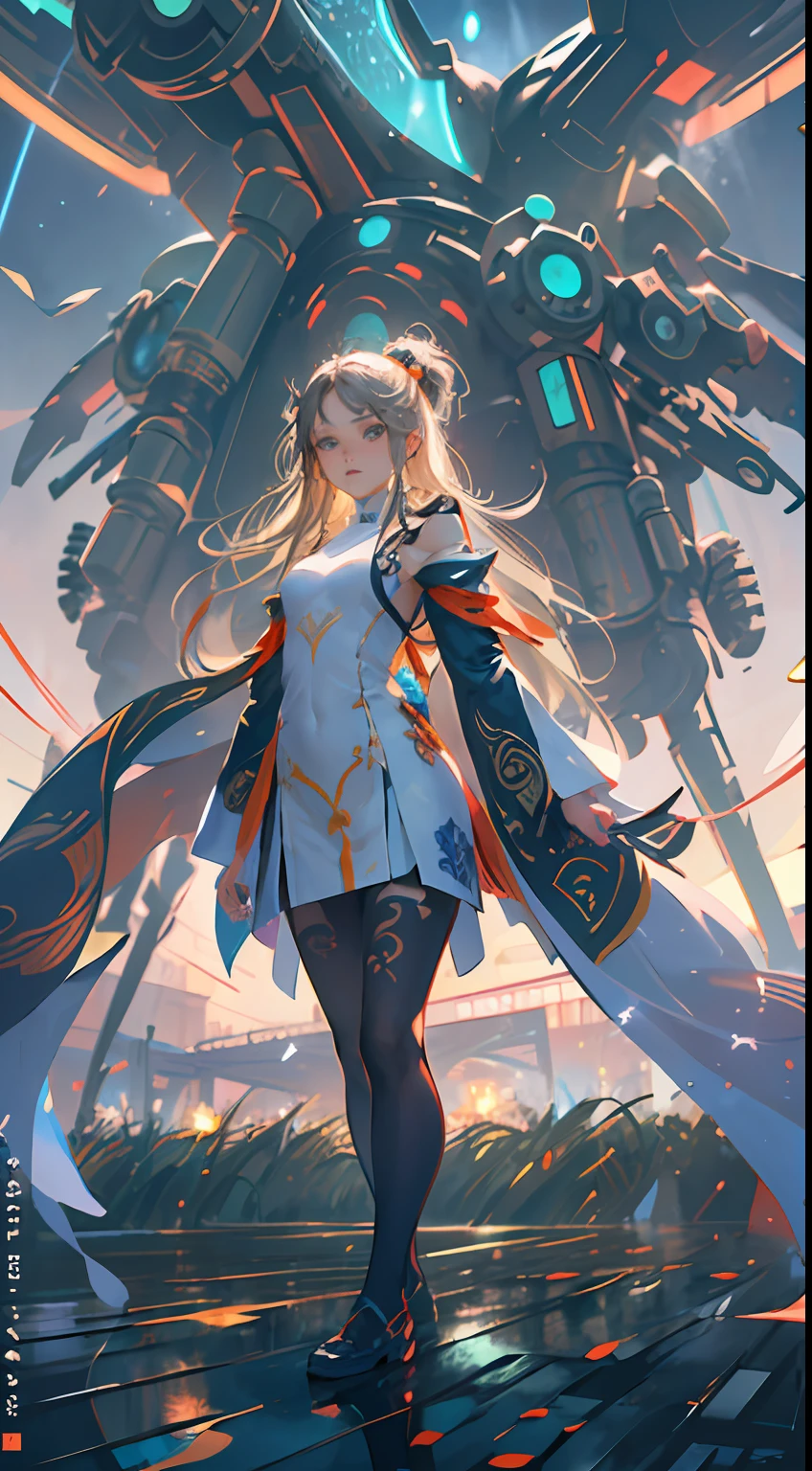 Masterpiece, Best Quality, Cinema, Official Art, Propaganda Art, Cinematic Wallpapers, Very Detailed CG Uniform 4k Wallpapers, Intricate Details, Upper Body, Facial Focus, Concept Art, Production Art, ( , highres, (realistic, photo-realistic:1.2), physically-based rendering, machinery, reflection, realistic, cyberpunk, symmetric front view close up head shot eyes symmetry face very sharp focus realistic award winning matte drawing movie lights, mecha, (Illustration: 1.1), slim, fair skin, delicate face, shine, tights, (long blonde hair), Japanese shrine costume, green eyes, battlefield, chip, shine, vast landscape photo, (from below, starry sky above, open field below), a girl standing on a flower field looking up, (string moon: 1.2), (meteor: 0.9), (nebula: 1.3), tree BREAK making art, (Warm light source: 1.2), (Firefly: 1.2), lamps, lots of purple and orange, intricate details, volumetric lighting, realism BREAK (Masterpiece: 1.2), (Best Quality), 4K, Ultra-Detailed, (Dynamic Composition: 1.4), Very Detailed, Rich in Detail, (Iridescent Colors: 1.2), (Glowing, Atmospheric Illumination), Dreamy, Fantastic, (Solo: 1.2) Gray Hair, Long Flowing Hair, Strong Wind, Orange Eyes, Shiny Eyes, Large, Face, Chest and Thighs Raw, Visible. photorealistic real, portfolio, fine LED,beautifully decorated, beautiful relief, small parts polymerization, metal cylinder, detailed neon, fine LED, fine parts, gear, gauge, pressure gauge, steam