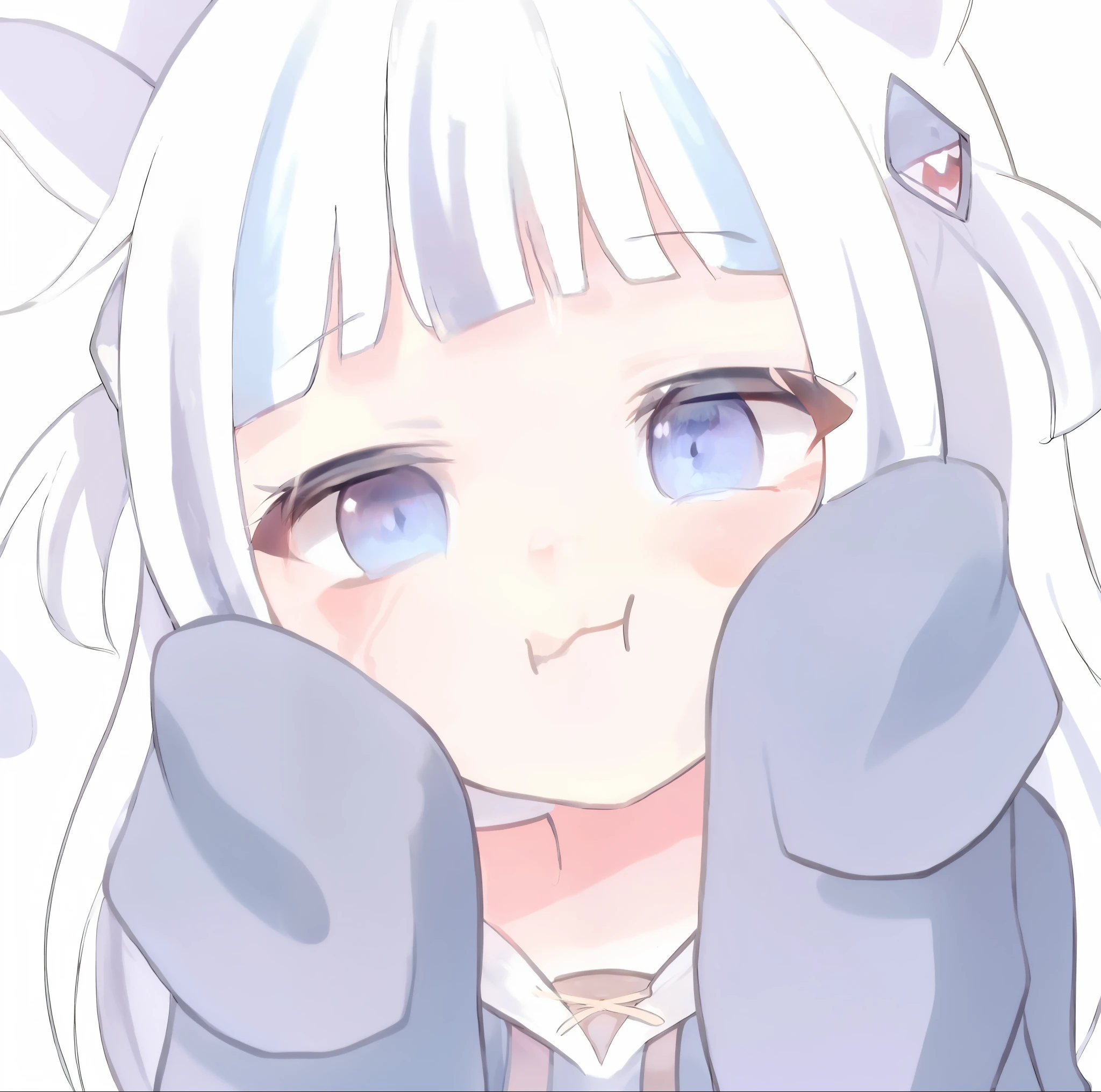 Anime girl with white hair and blue eyes wearing gloves, shikamimi, nyaruko-san, small curvaceous loli, twintails white_mitts, she has a cute expressive face, Waifu, with index finger, cute anime face, Loli, small loli girl, with huge luminous sad eyes, extremely cute anime girl face, cute anime catgirl