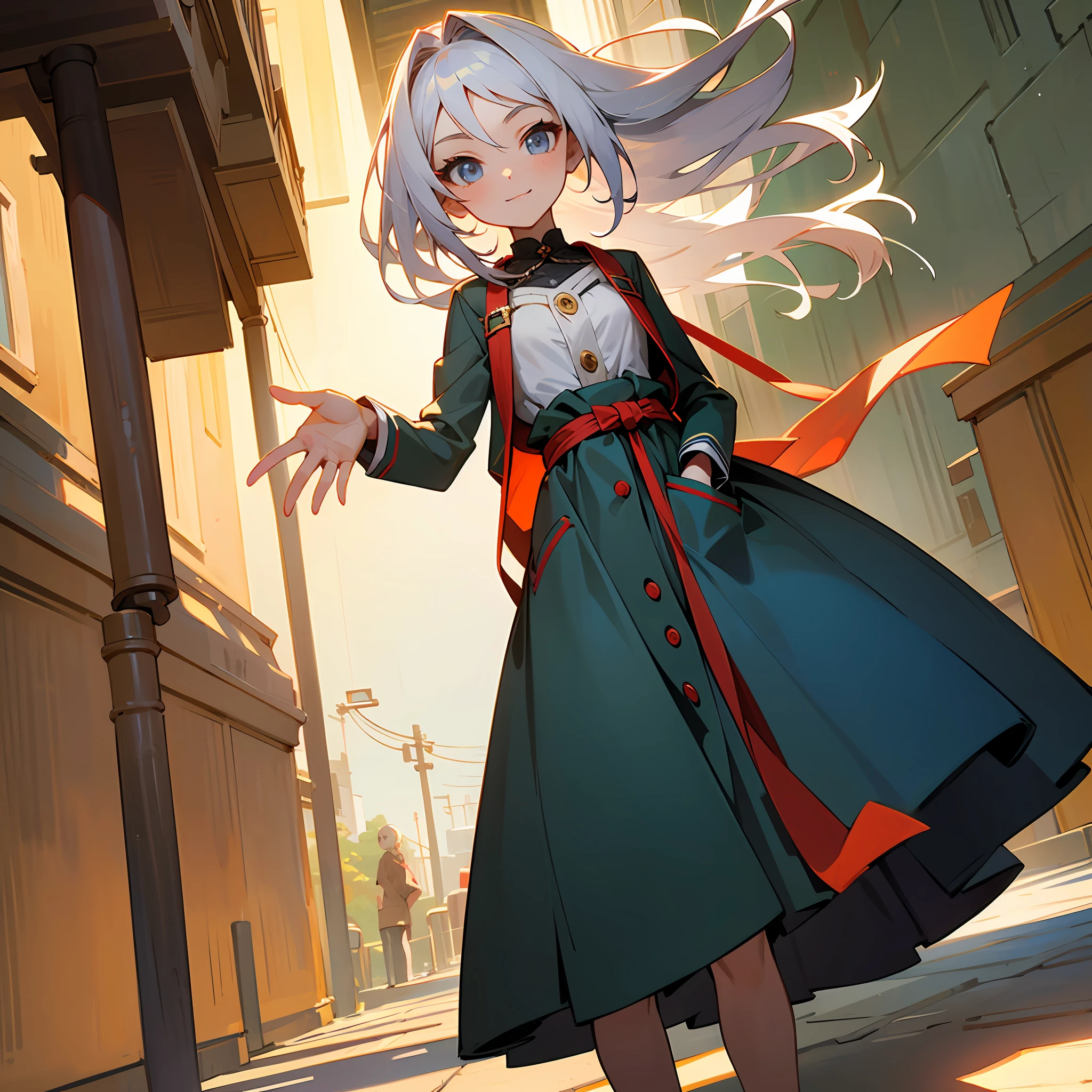 white color hair,with fair skin,16-year-old female,Dress modestly,Stand and look into the camera,With a relaxed expression,Put your hands in your pockets,ssmile ,The background is the middle of the street,The appearance is very high,style of anime,Ancient Style
