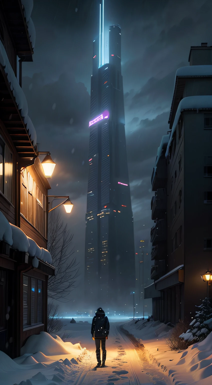 A man stands in the snow in the distance,dim murky lights,It was snowing heavily,the night,Scenery Snow,exaggeration,cyber punk perssonage --auto