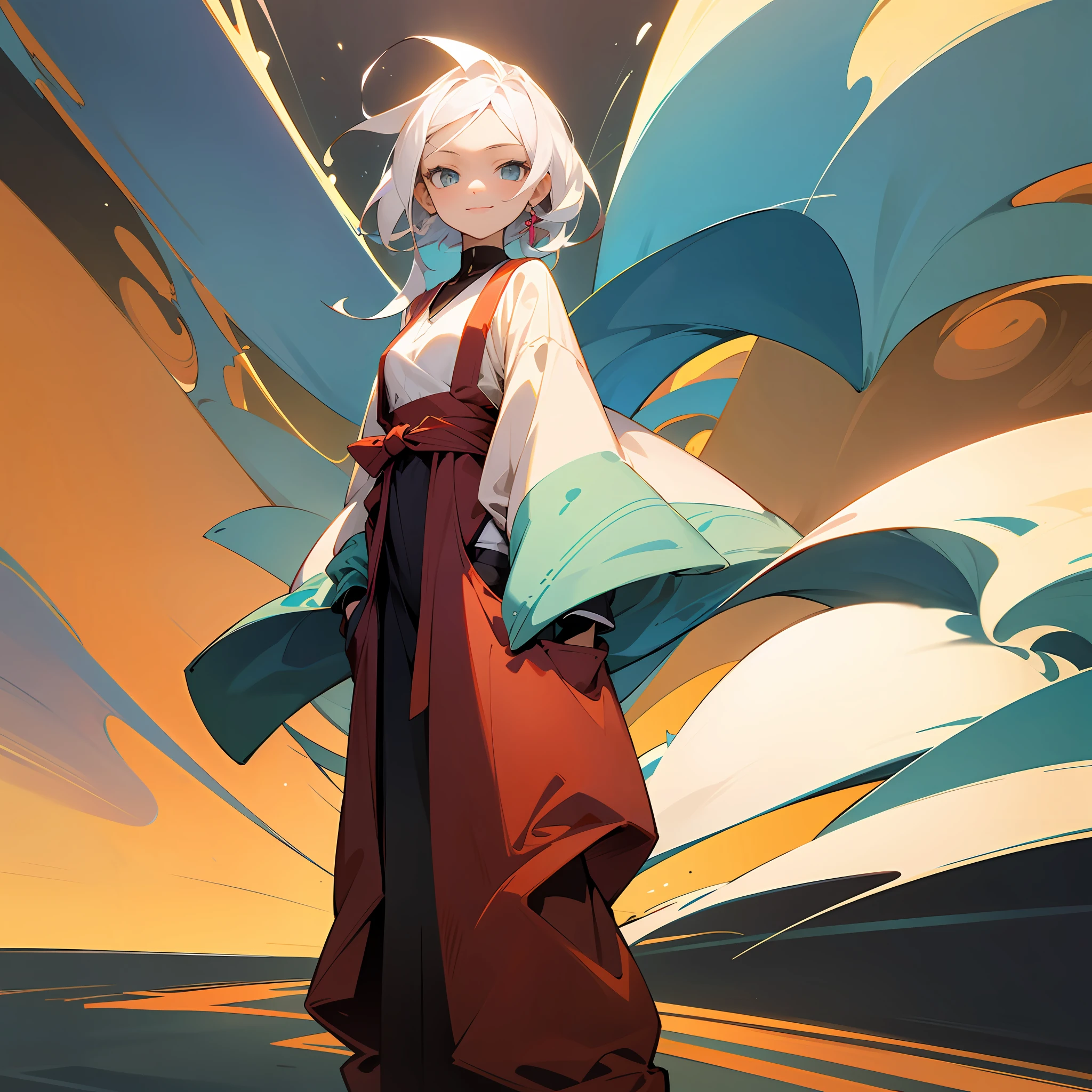 white color hair,with fair skin,-yeld fee,Dress modestly,Stand and look into the camera,With a relaxed expression,Put your hands in your pockets,ssmile ,The background is the middle of the street,The appearance is very high,style of anime,Ancient Style