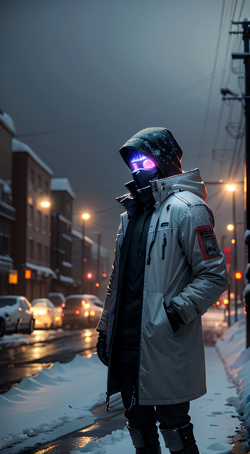 A man stands in the snow in the distance,dim murky lights,It was snowing heavily,the night,Scenery Snow,exaggeration,cyber punk perssonage --auto
