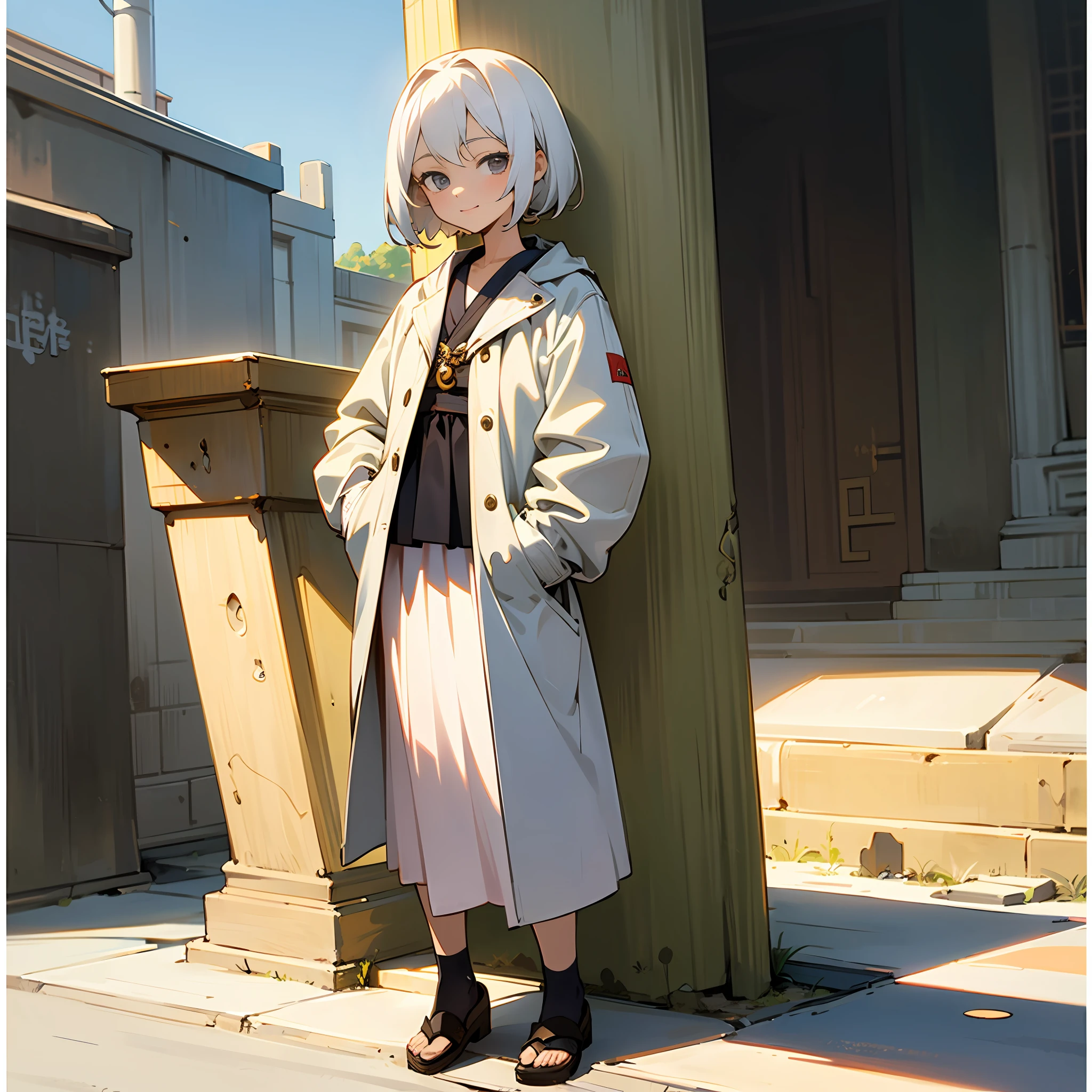 white color hair，with fair skin，-yeld fee，Dress modestly，Stand and look into the camera，With a relaxed expression，Put your hands in your pockets，ssmile ，The background is the middle of the street，The appearance is very high，style of anime，Ancient Style