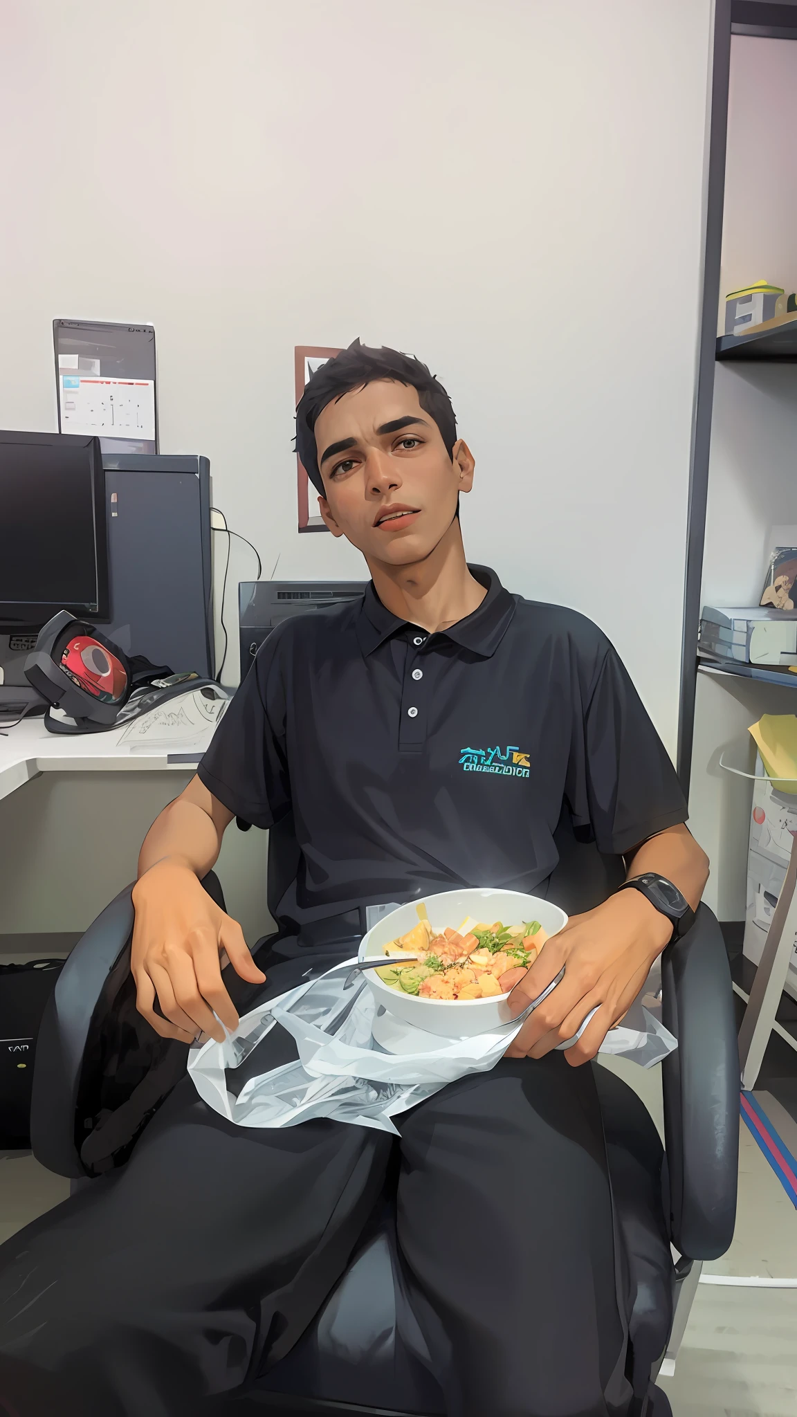 There is a man sitting in a chair holding a bowl of food, em 4k, com detalhes realista , tiradas em 2030, Alex, Riyahd Cassiem, ele tem cerca de 2 0 anos de idade, ele tem cerca de 20 anos, Mohamed Chahin, competition winning, tiradas no final dos anos 2030, detalhes ultra realista