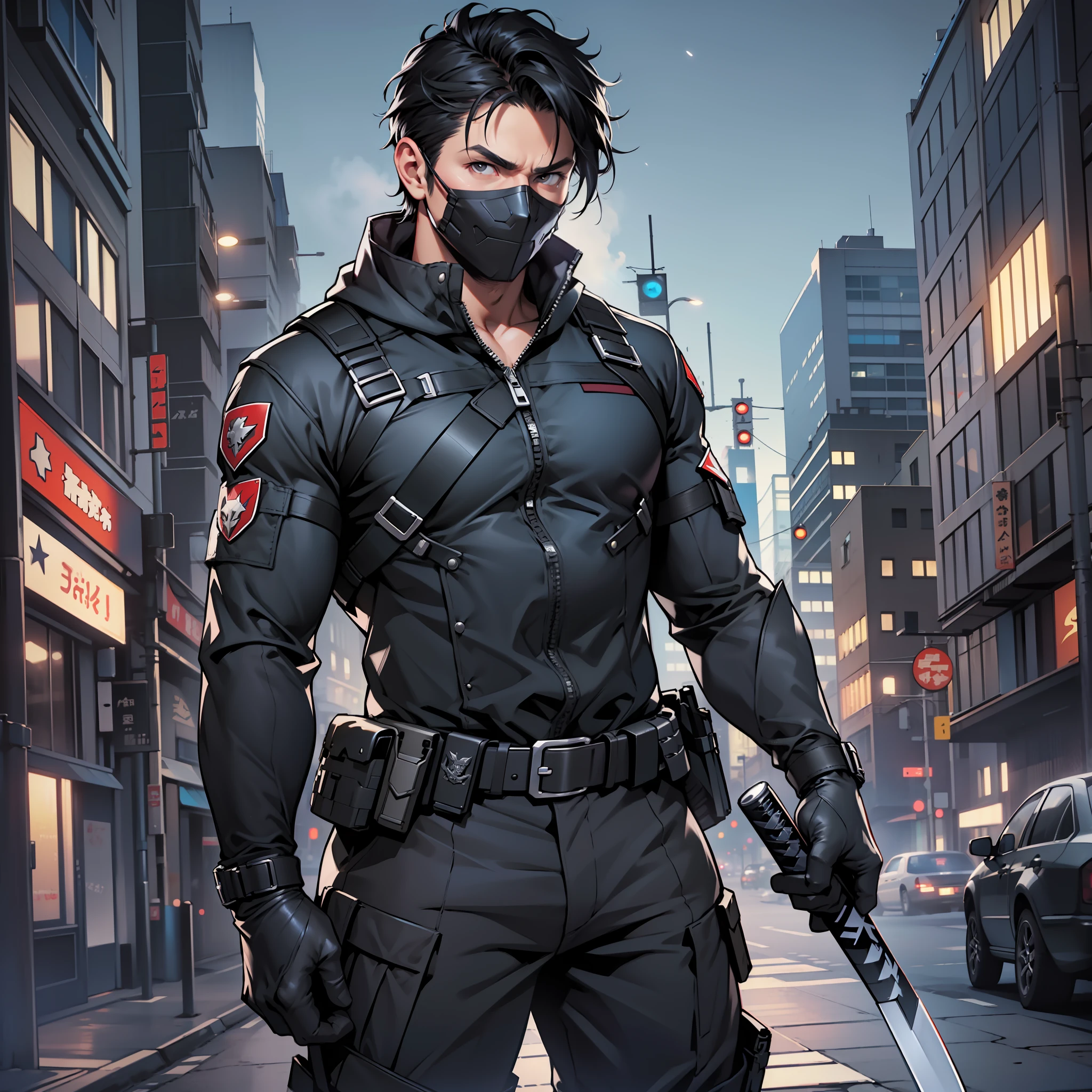 ((realistic: 1.5)),((best quality)), ((masterpiece)),((detailed)), man, short black hair, vigilante mask, tactical superhero outfit, katana on the back, military boots, star in the middle of the chest as symbol, black and gray clothes, poor city, at night